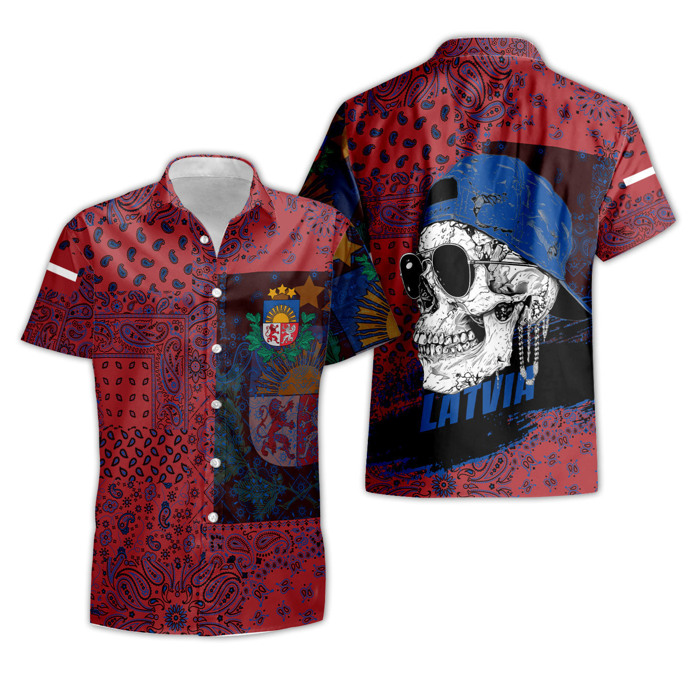 Latvia Short Sleeve Shirt Paisley Flag And Skull Style 3