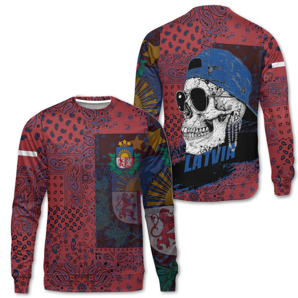 Latvia Sweatshirt Paisley Flag And Skull Style 1