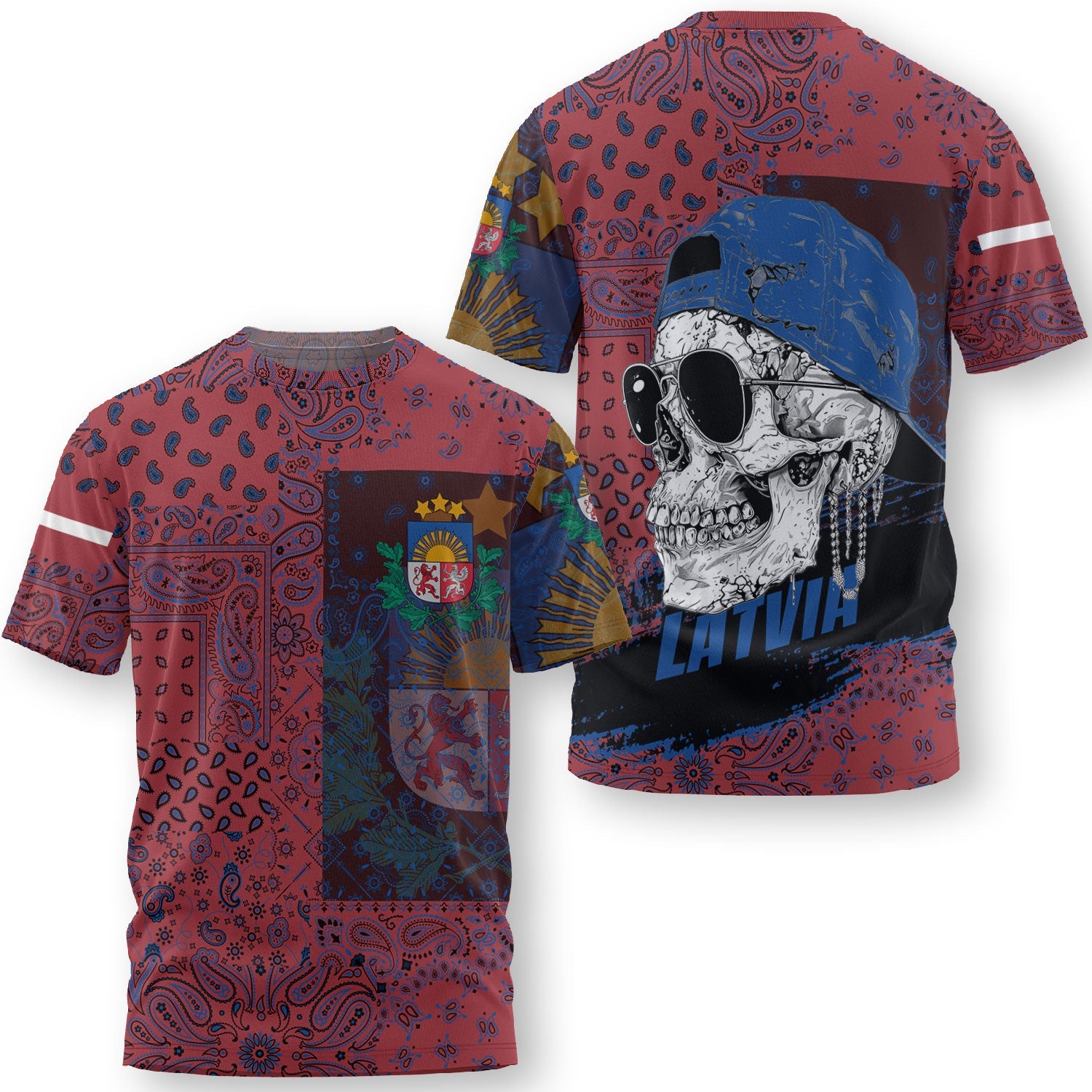 Latvia T Shirt Paisley Flag And Skull Style 3