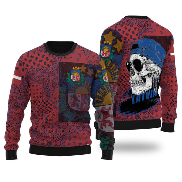 Latvia Ugly Sweater Paisley Flag And Skull Style 1