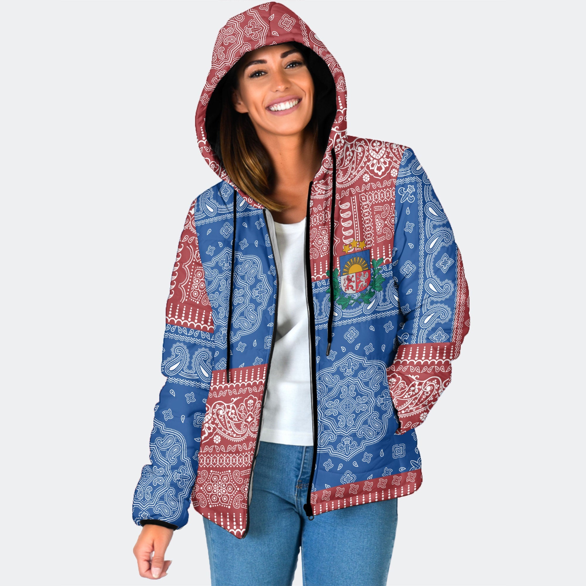 Latvia Women Hooded Padded Jacket Flag And Paisley Basic Style 1