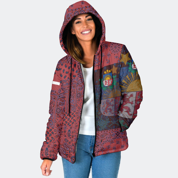 Latvia Women Hooded Padded Jacket Paisley Flag And Skull Style 1