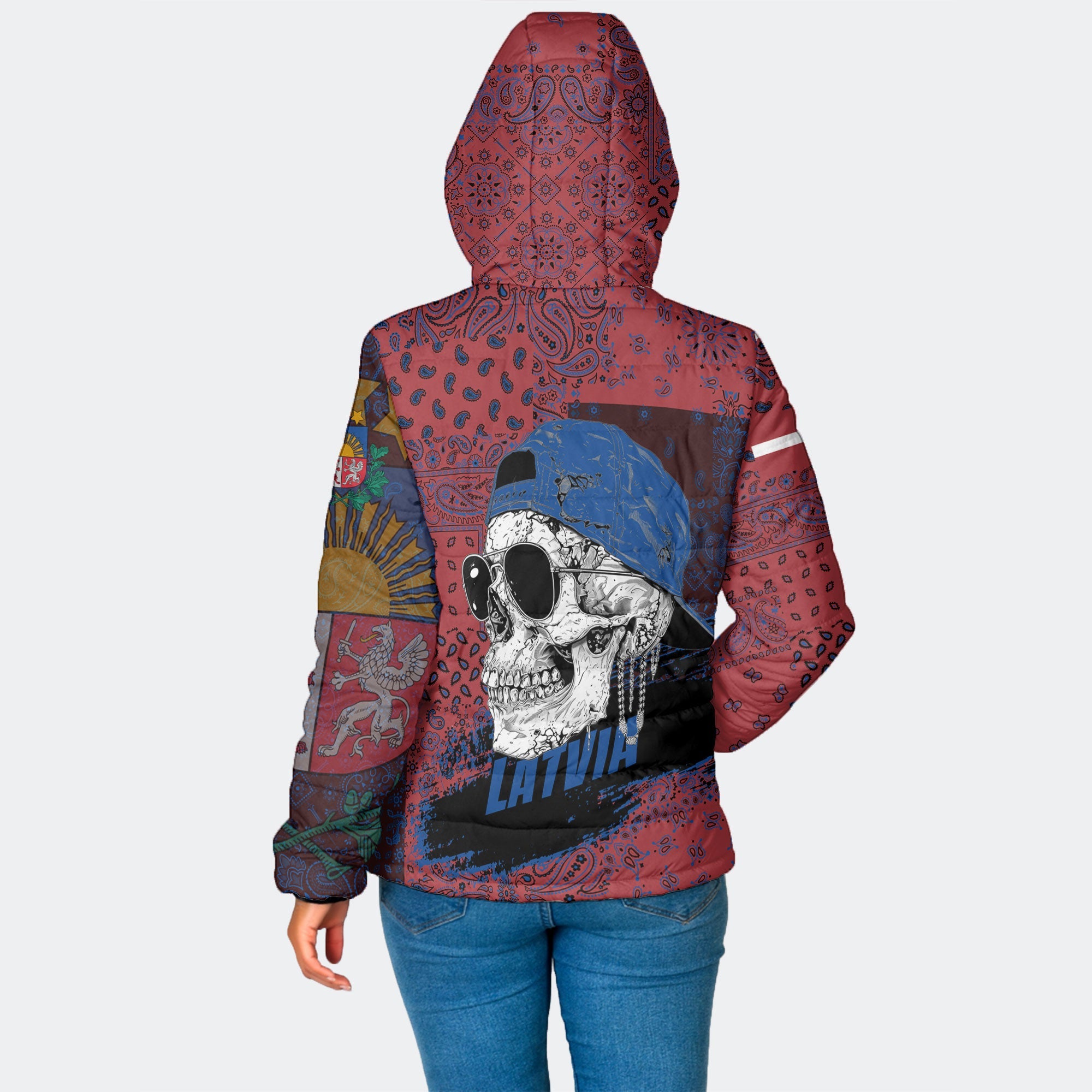 Latvia Women Hooded Padded Jacket Paisley Flag And Skull Style 2