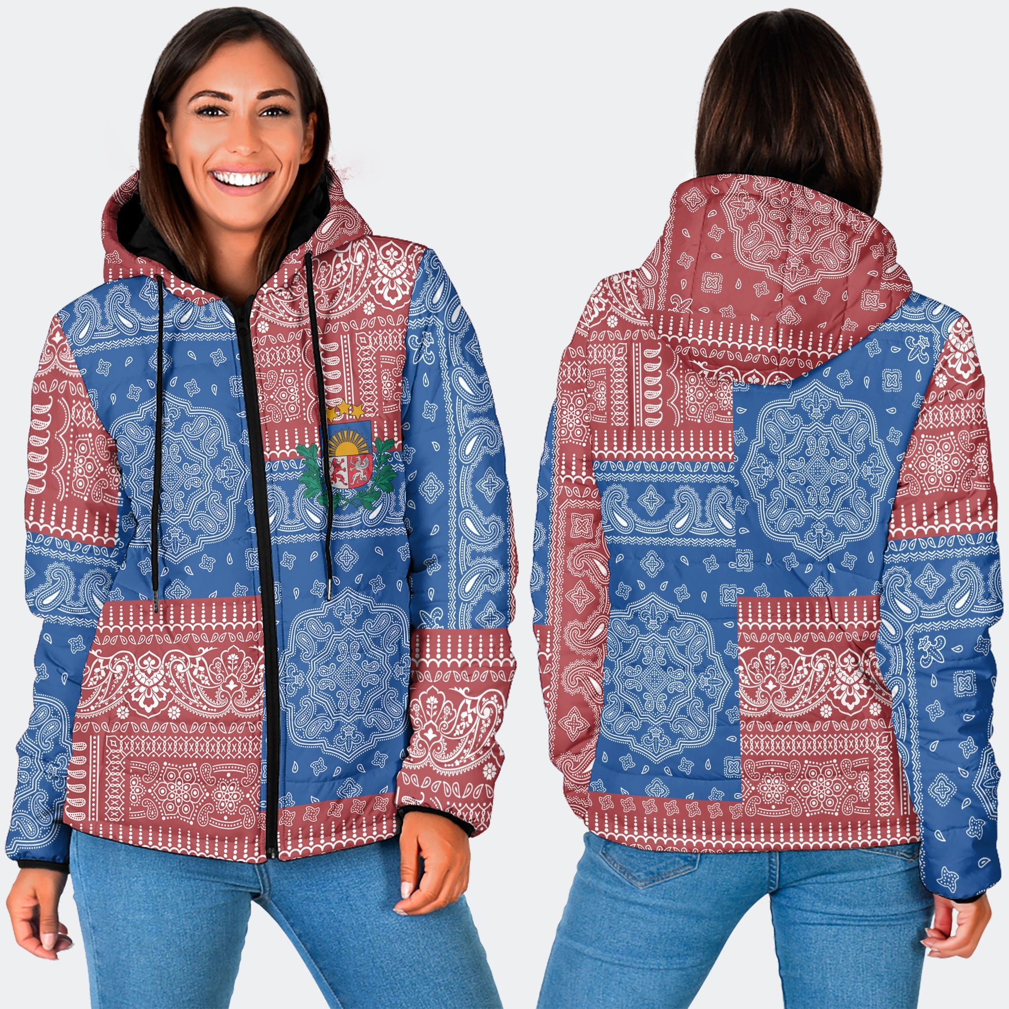 Latvia Women Hooded Padded Jacket Flag And Paisley Basic Style 3