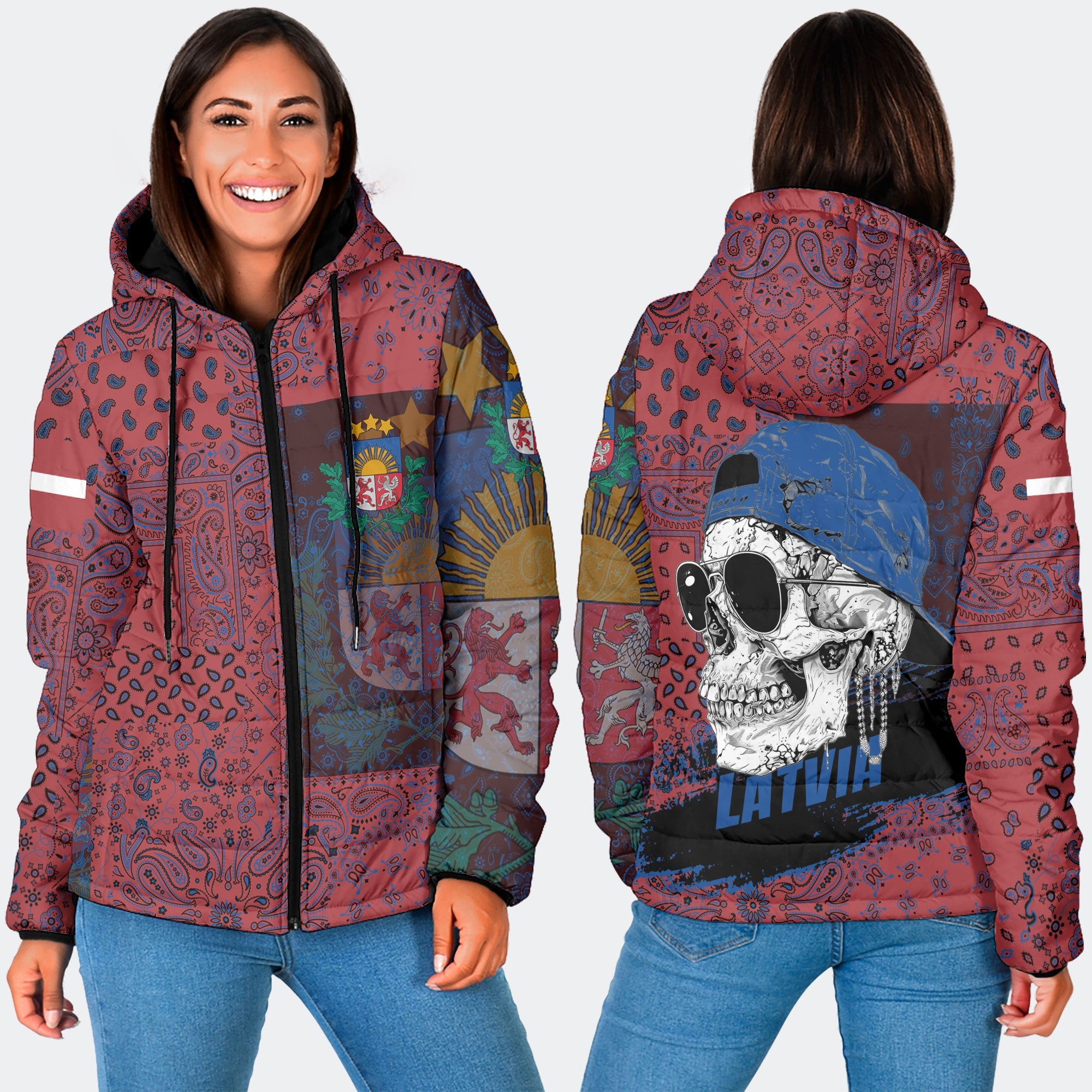 Latvia Women Hooded Padded Jacket Paisley Flag And Skull Style 3