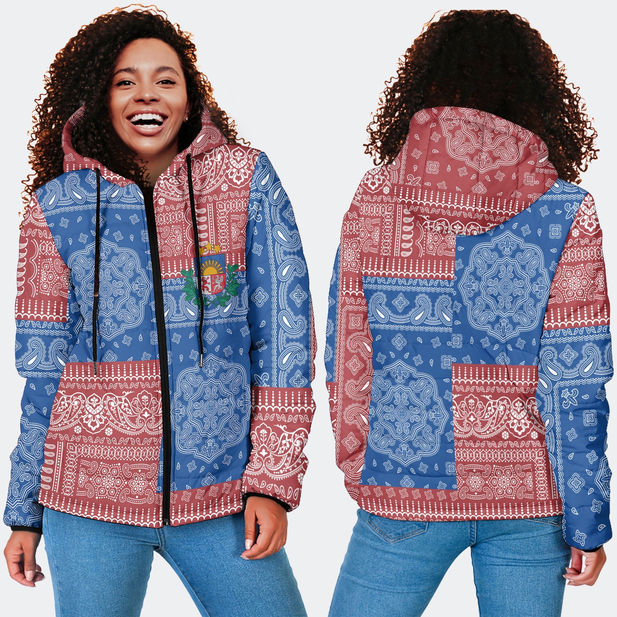 Latvia Women Hooded Padded Jacket Flag And Paisley Basic Style 4