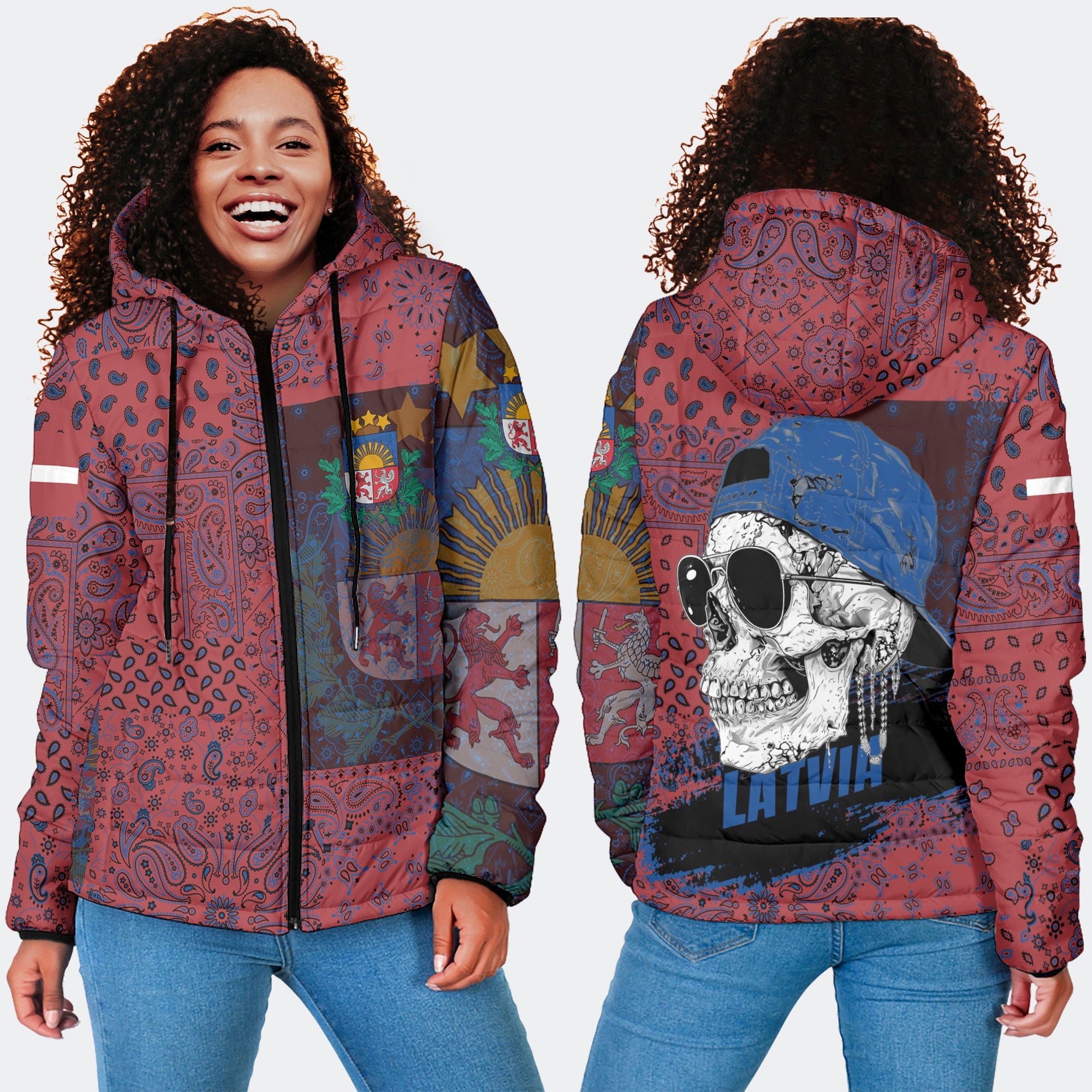 Latvia Women Hooded Padded Jacket Paisley Flag And Skull Style 4