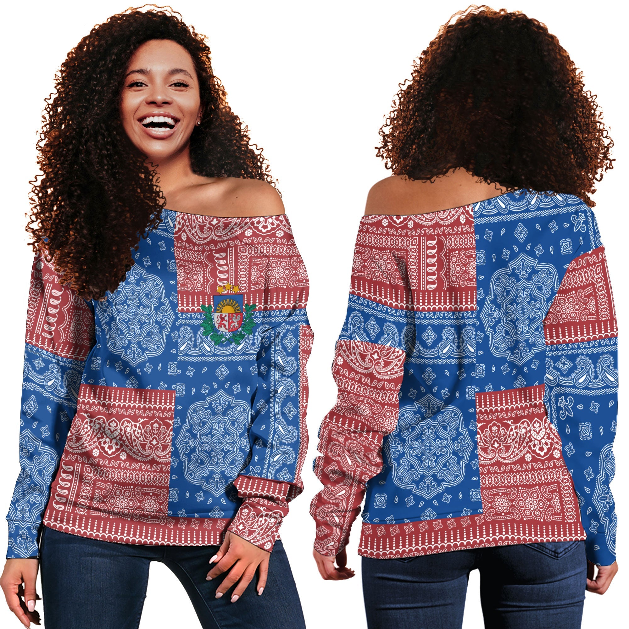 Latvia Women Off Shoulder Sweatshirt Flag And Paisley Basic Style 1