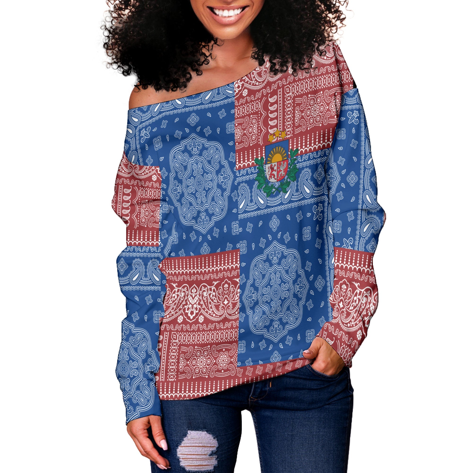 Latvia Women Off Shoulder Sweatshirt Flag And Paisley Basic Style 2