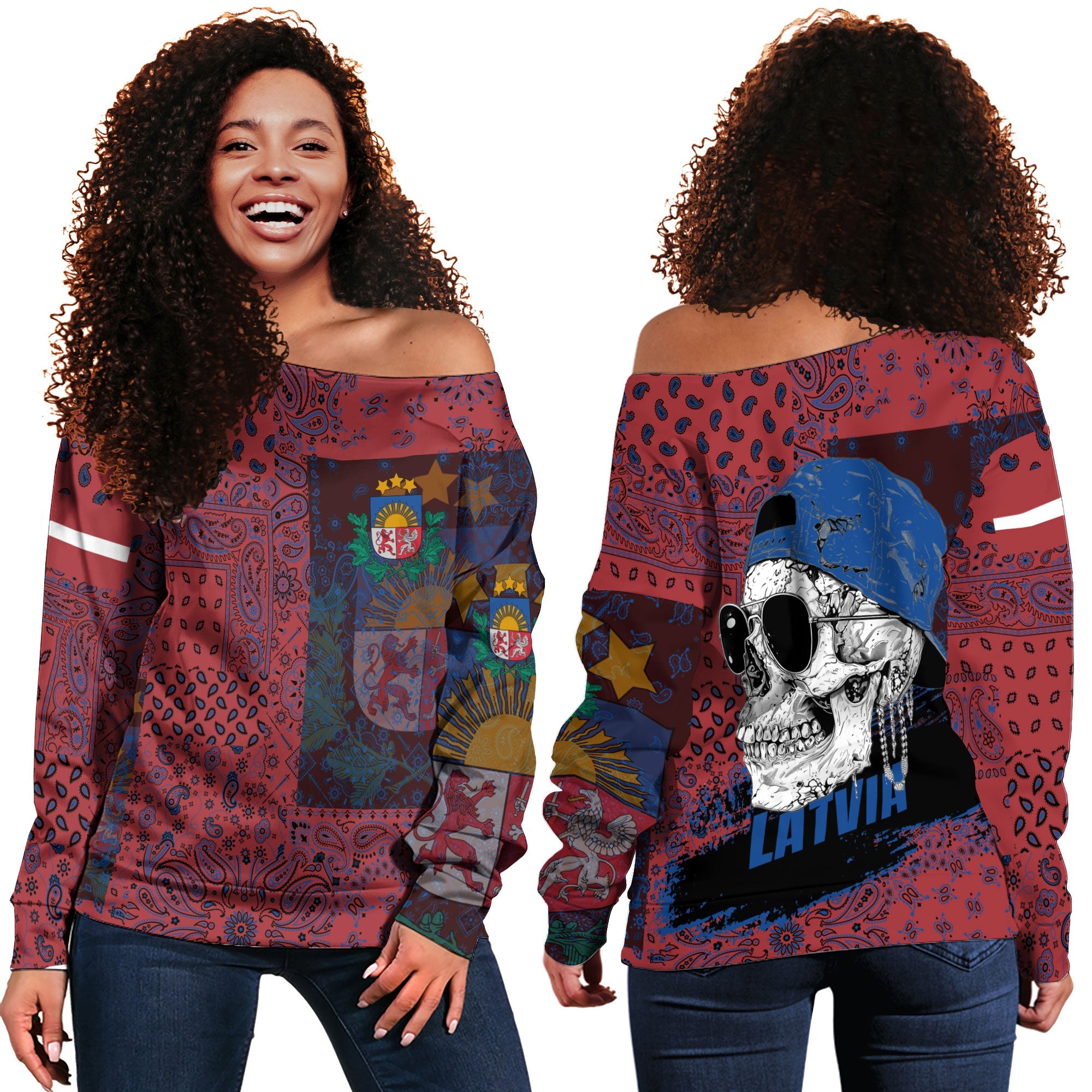 Latvia Women Off Shoulder Sweatshirt Paisley Flag And Skull Style 1