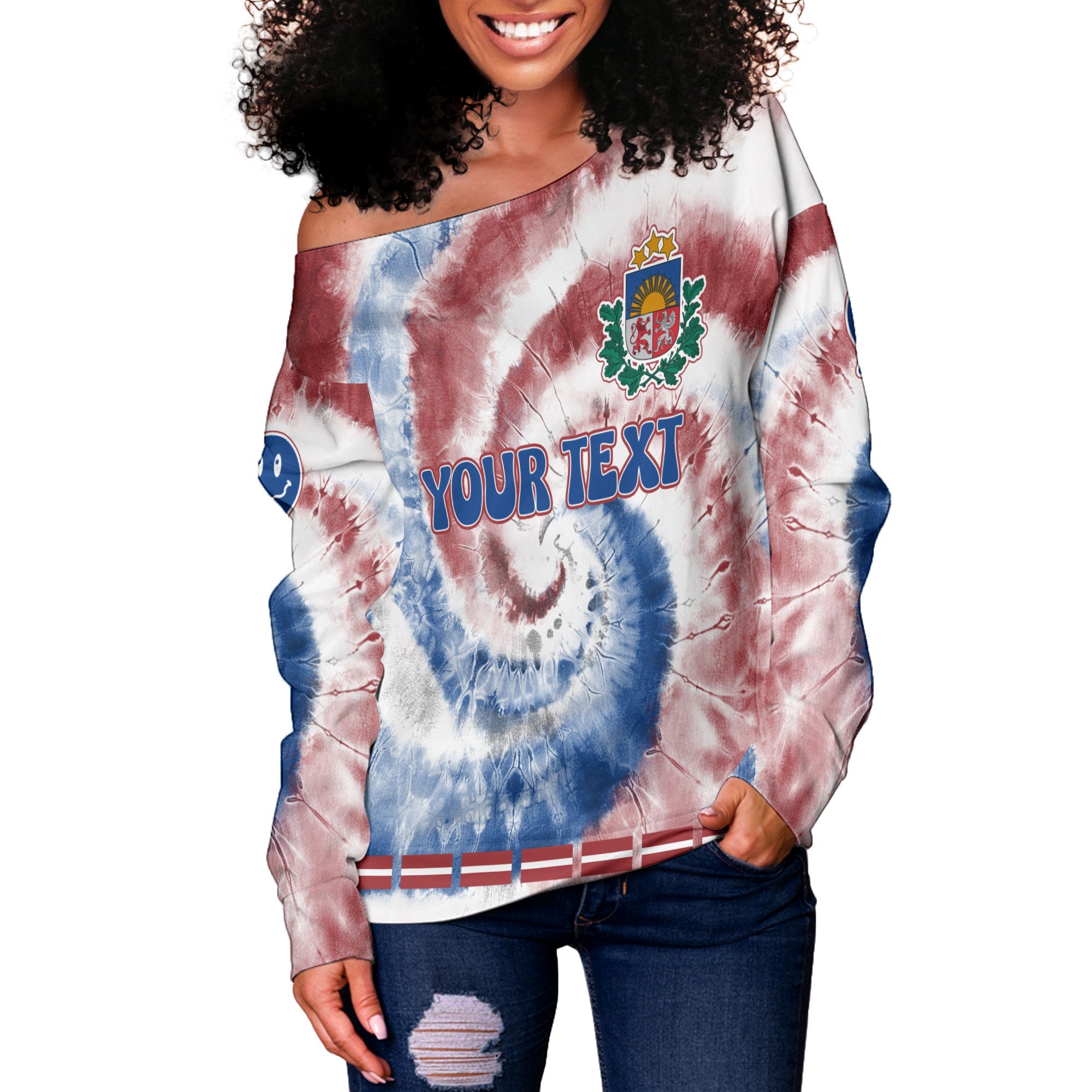 Latvia Women Off Shoulder Sweatshirt Custom Tie Dye Style 3