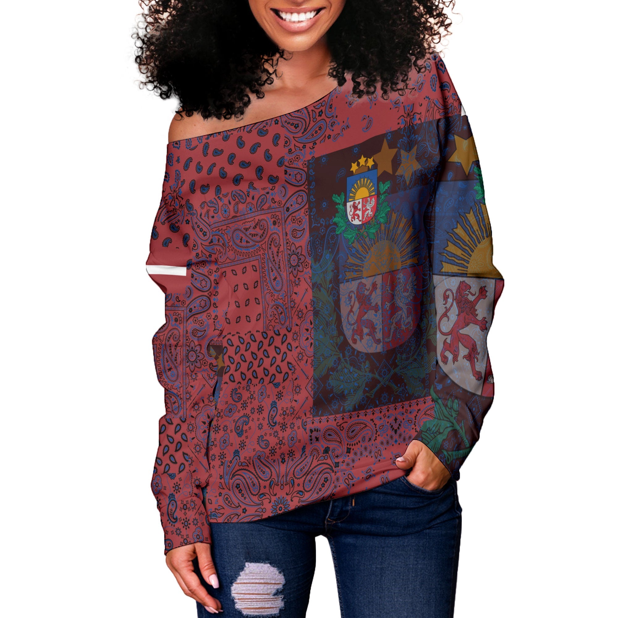 Latvia Women Off Shoulder Sweatshirt Paisley Flag And Skull Style 2