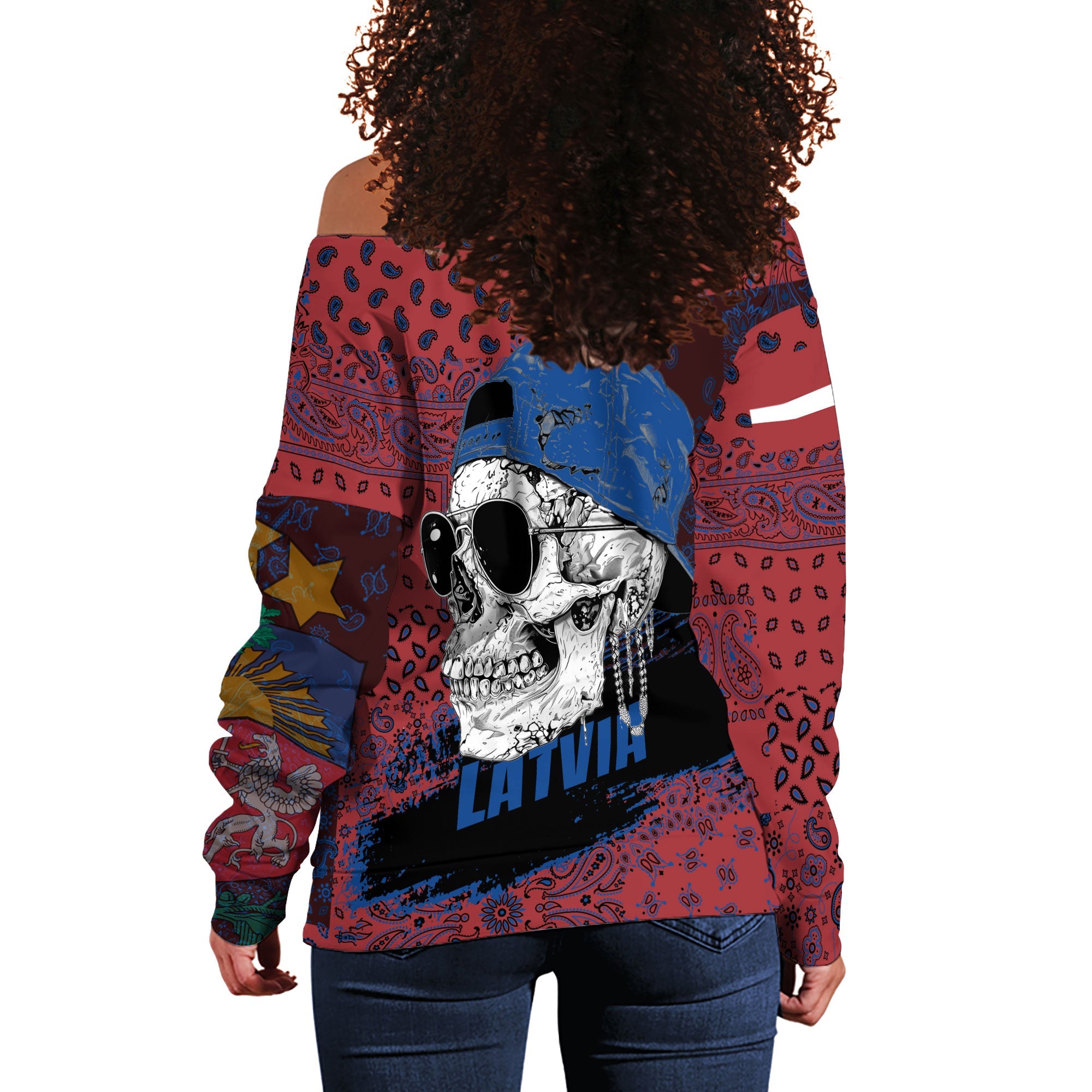 Latvia Women Off Shoulder Sweatshirt Paisley Flag And Skull Style 3