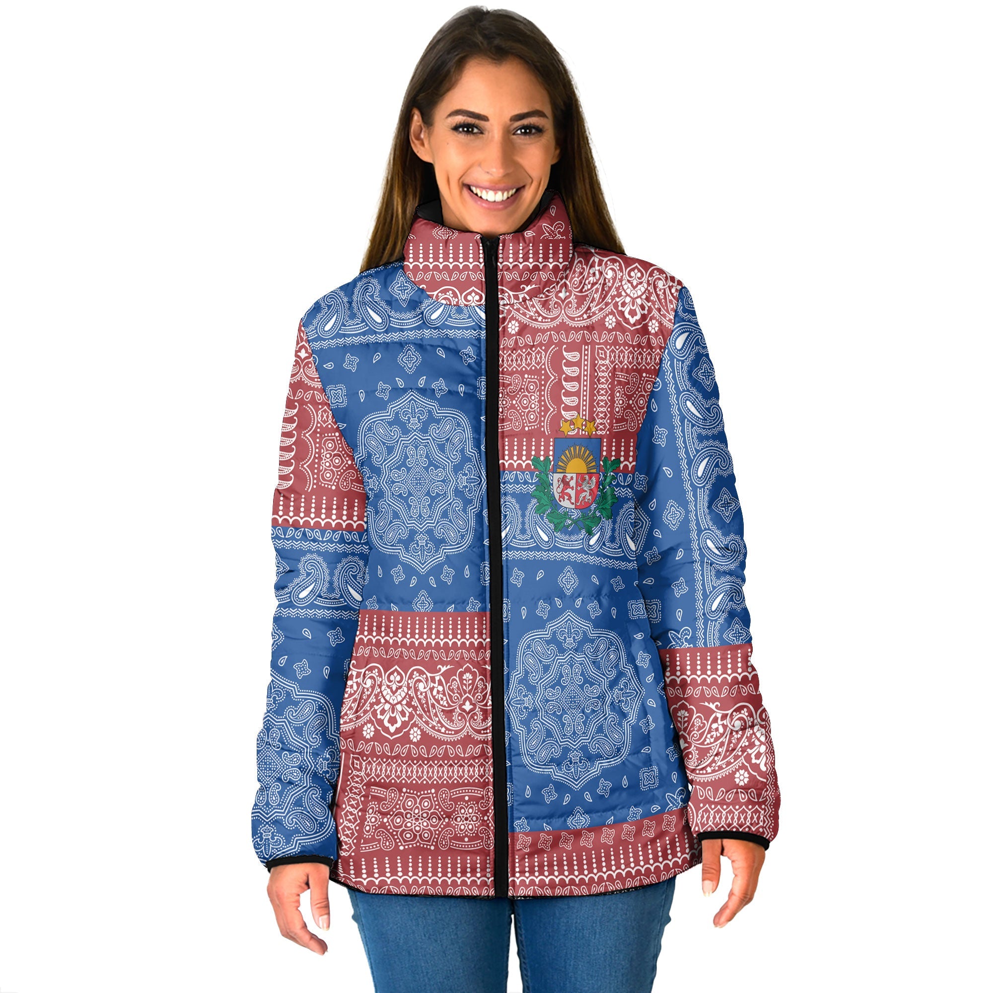 Latvia Women Padded Jacket Flag And Paisley Basic Style 1