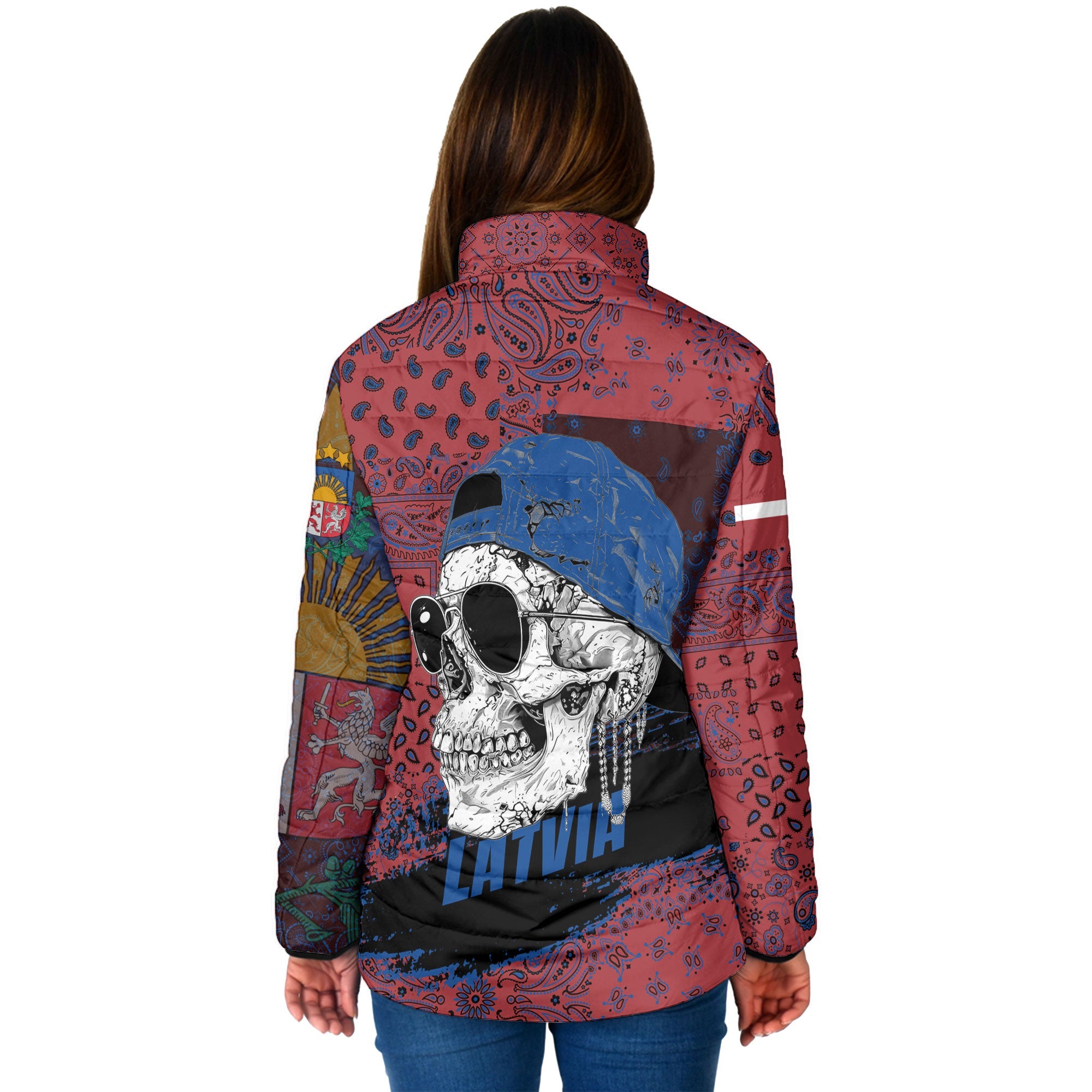 Latvia Women Padded Jacket Paisley Flag And Skull Style 2