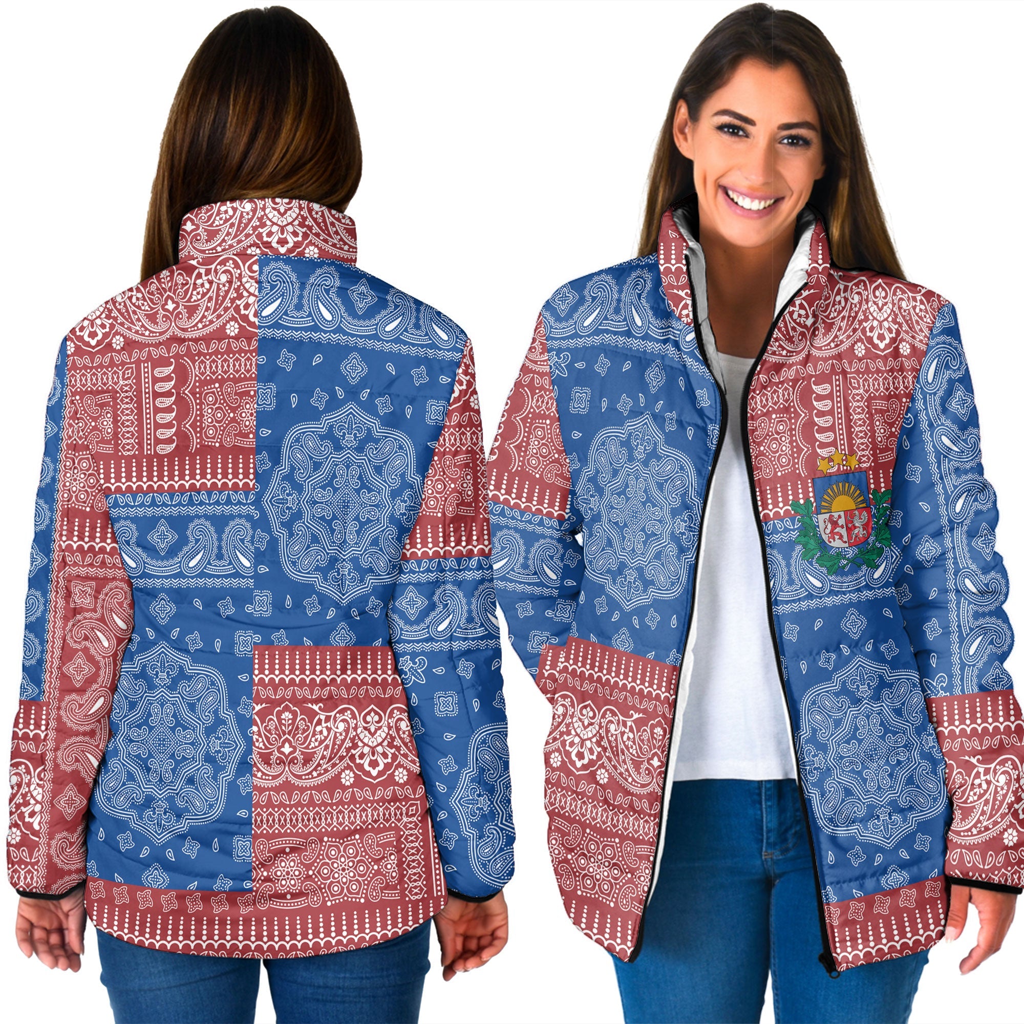 Latvia Women Padded Jacket Flag And Paisley Basic Style 3