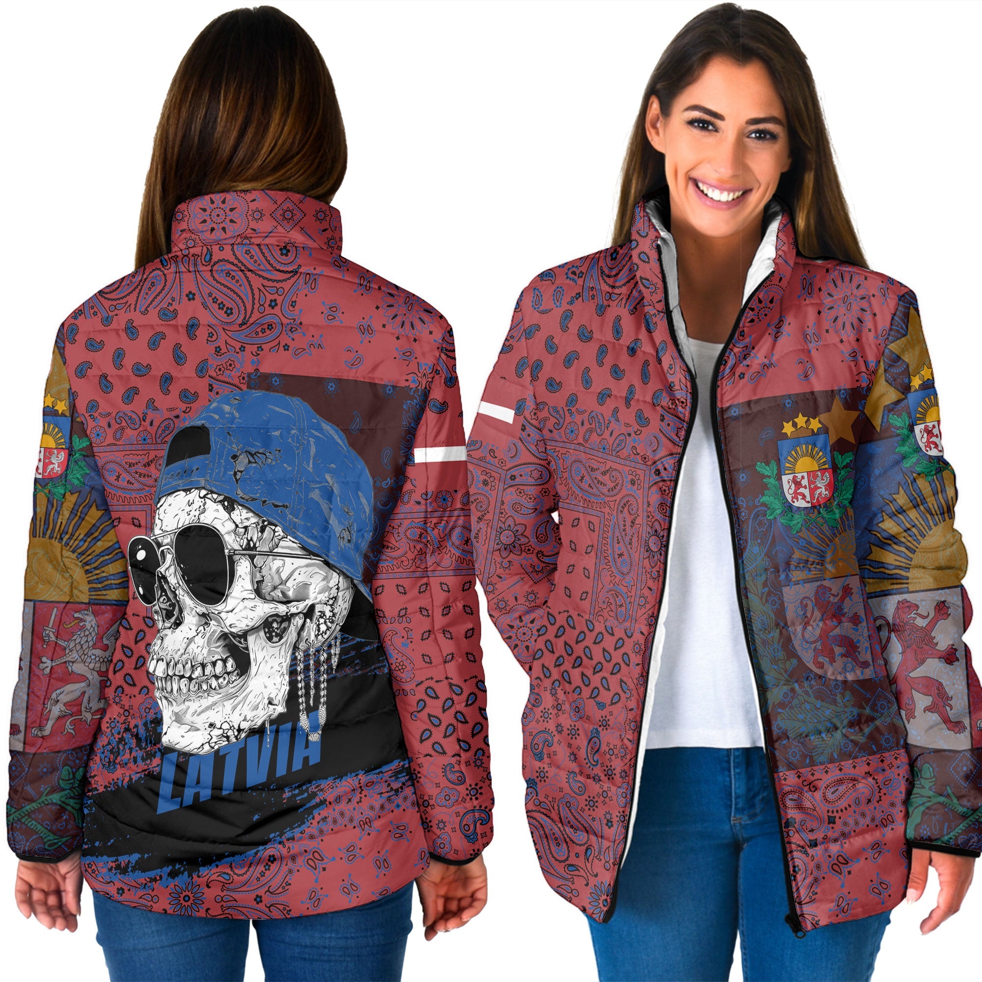 Latvia Women Padded Jacket Paisley Flag And Skull Style 3