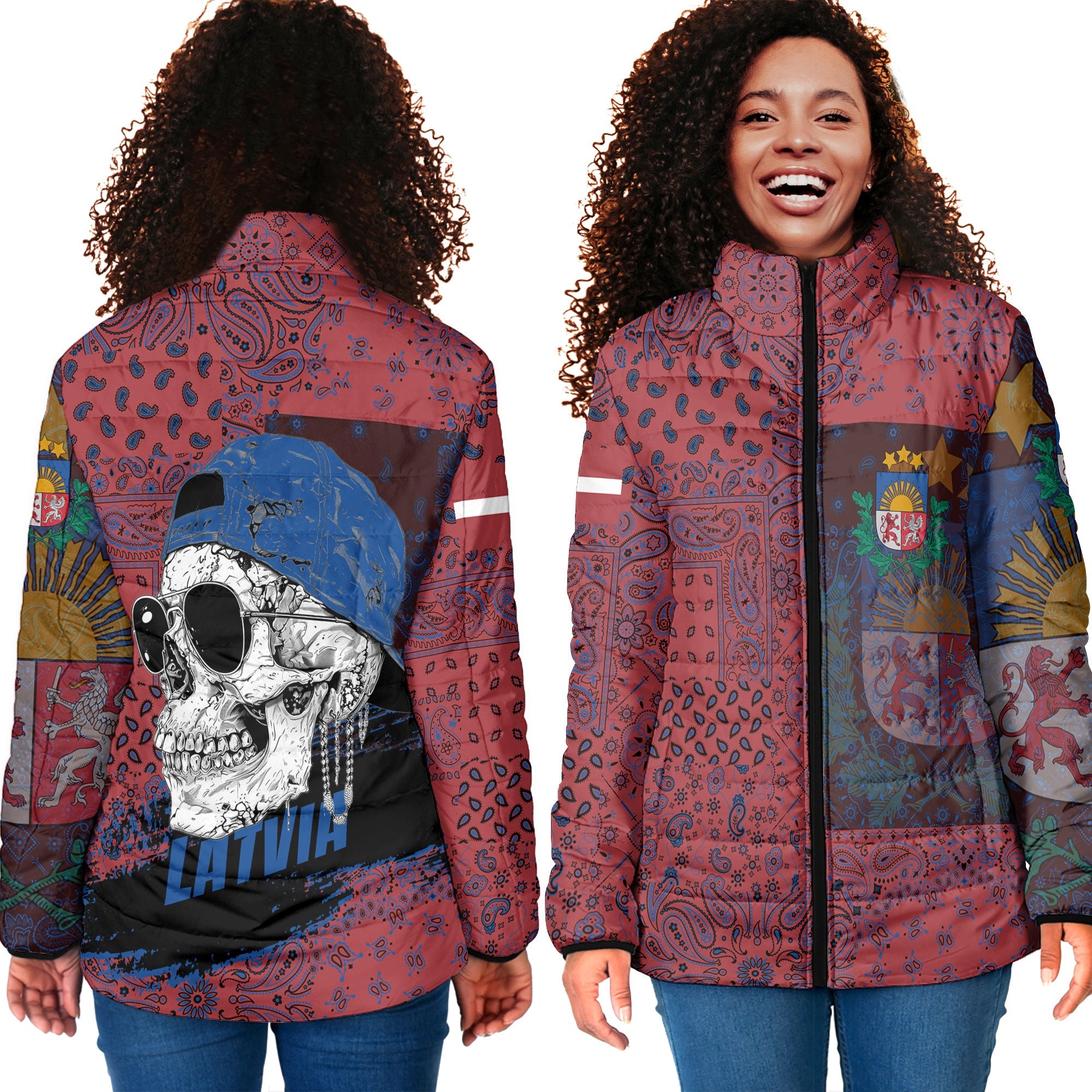 Latvia Women Padded Jacket Paisley Flag And Skull Style 4