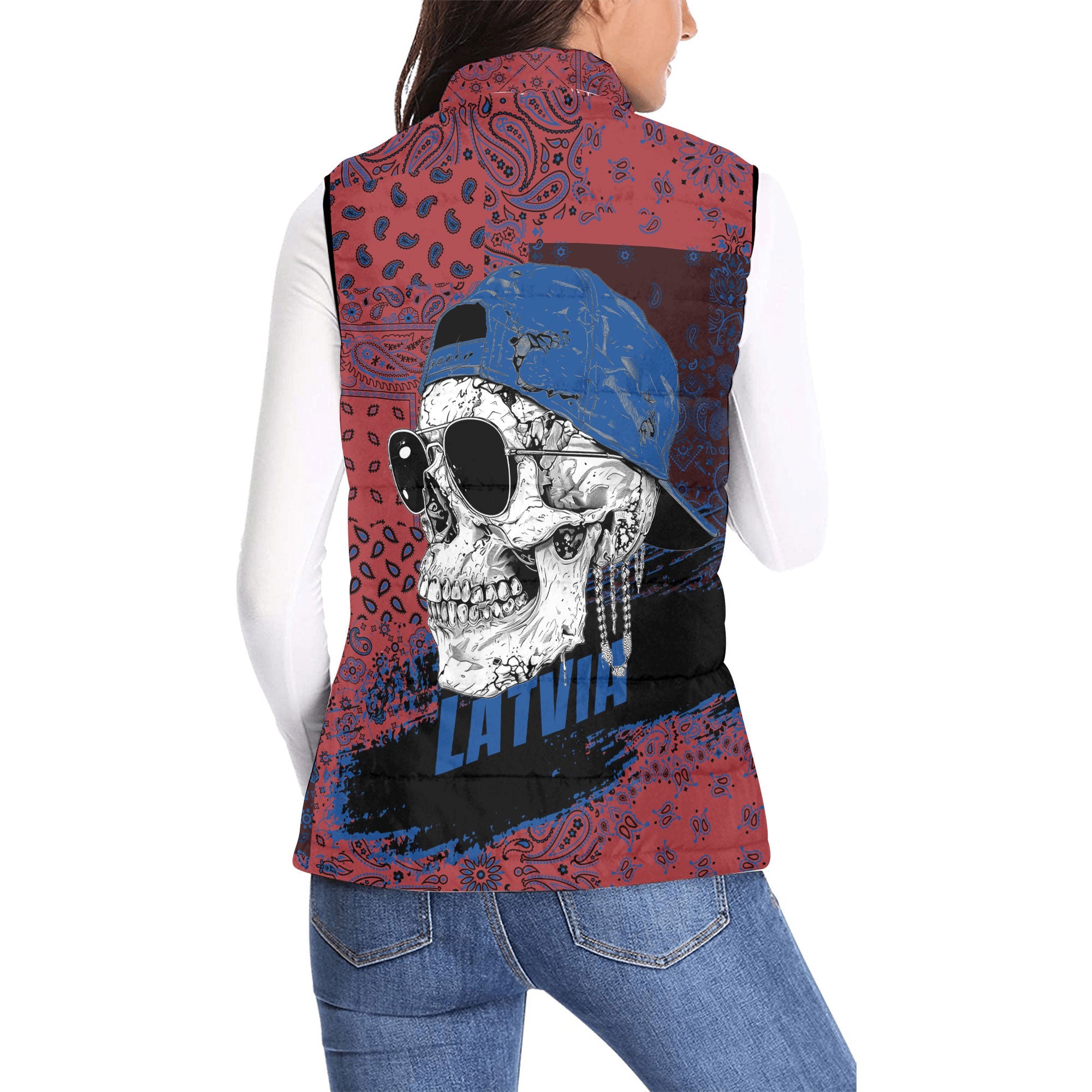 Latvia Women Padded Jacket Vest Paisley Flag And Skull Style 2