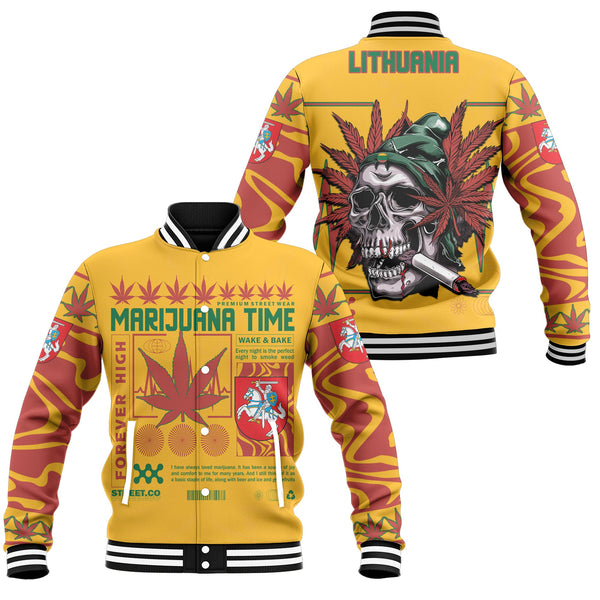 Lithuania Baseball Jacket Flag & Coat Of Arms Marijuanas Style