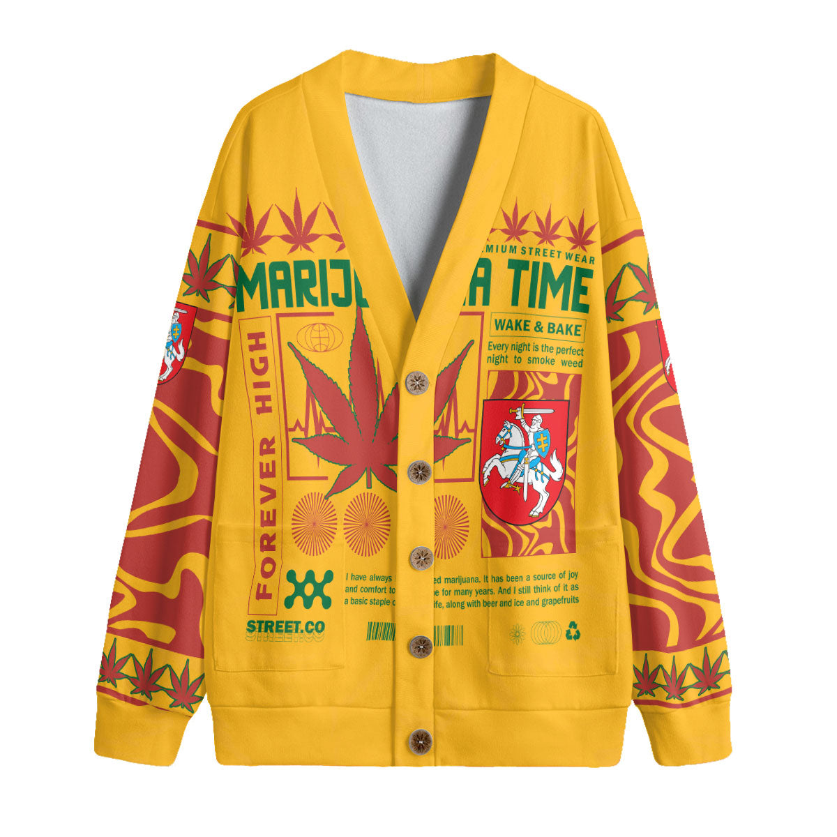 Lithuania Fleece Cardigan Flag & Coat Of Arms Marijuanas Style