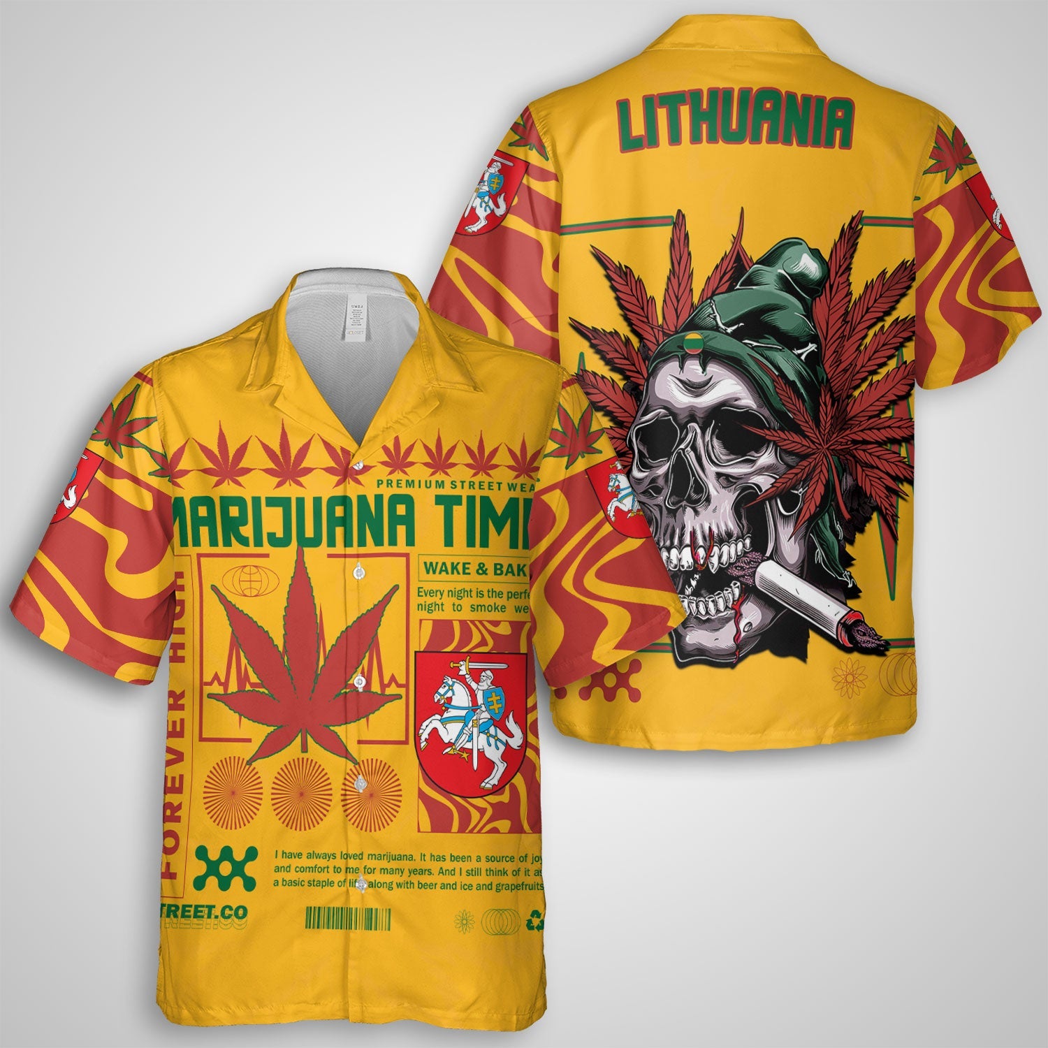 Lithuania Hawaiian Shirt Flag & Coat Of Arms Marijuanas Style