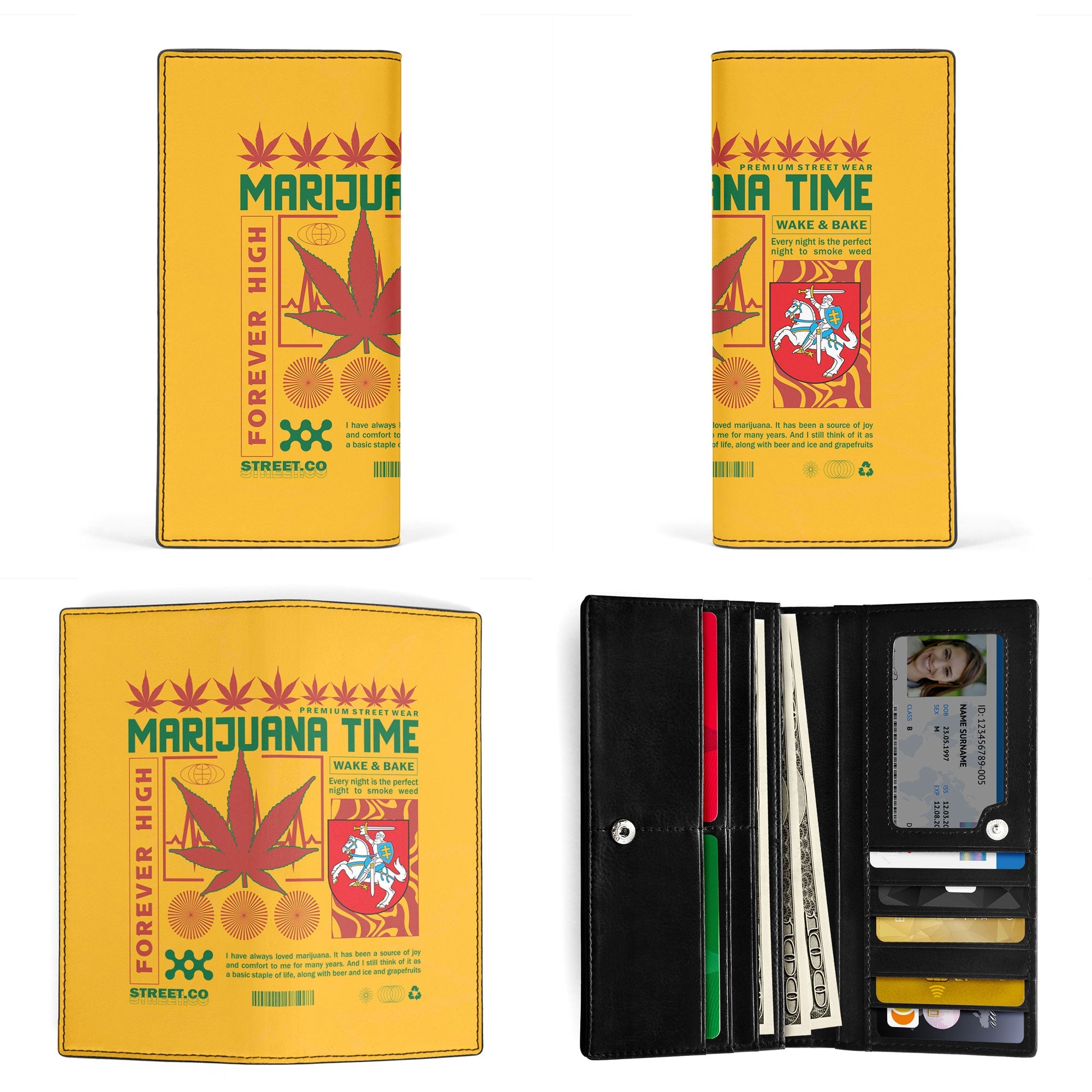 Lithuania Leather Wallet Flag & Coat Of Arms Marijuanas Style