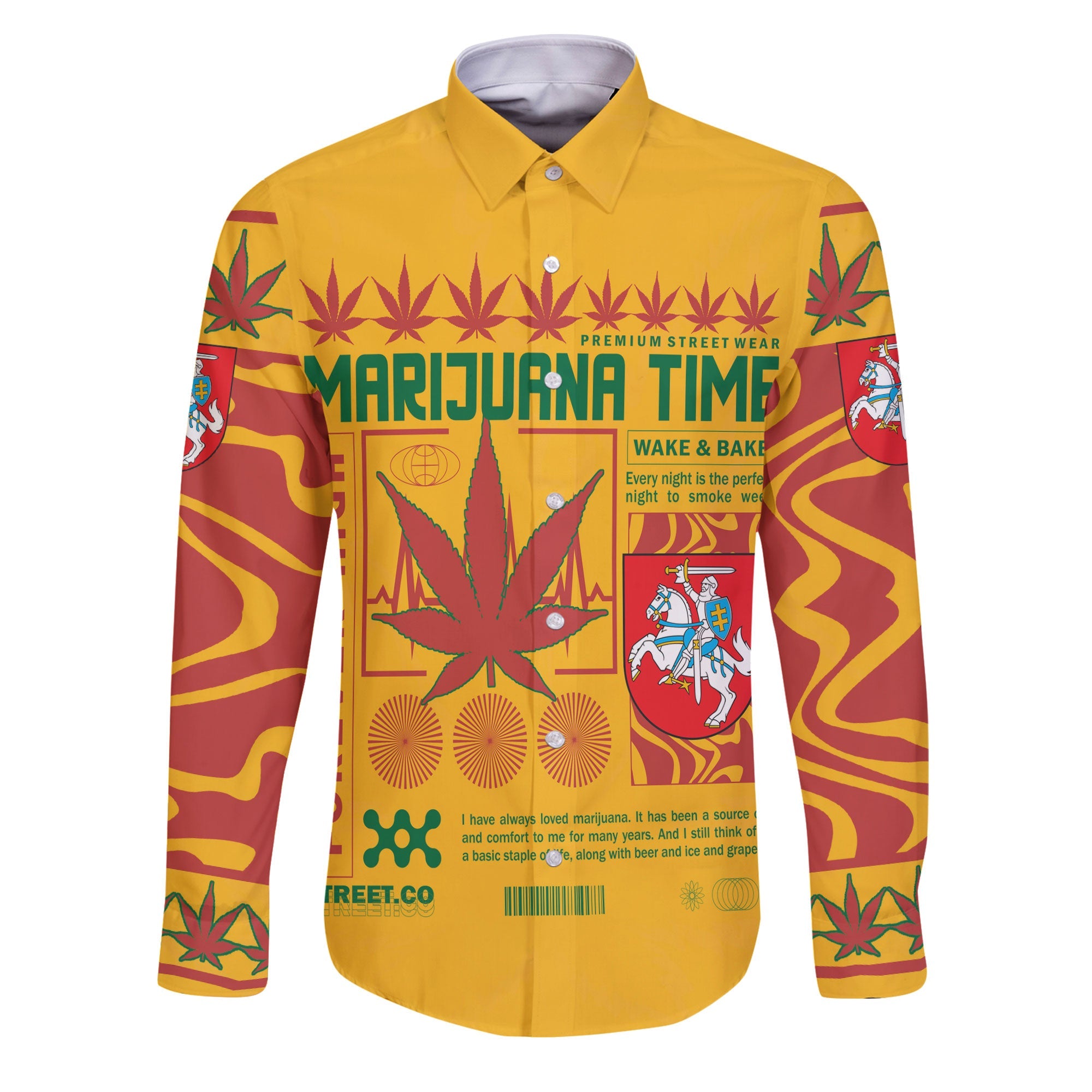 Lithuania Long Sleeve Button Shirt Flag & Coat Of Arms Marijuanas Style