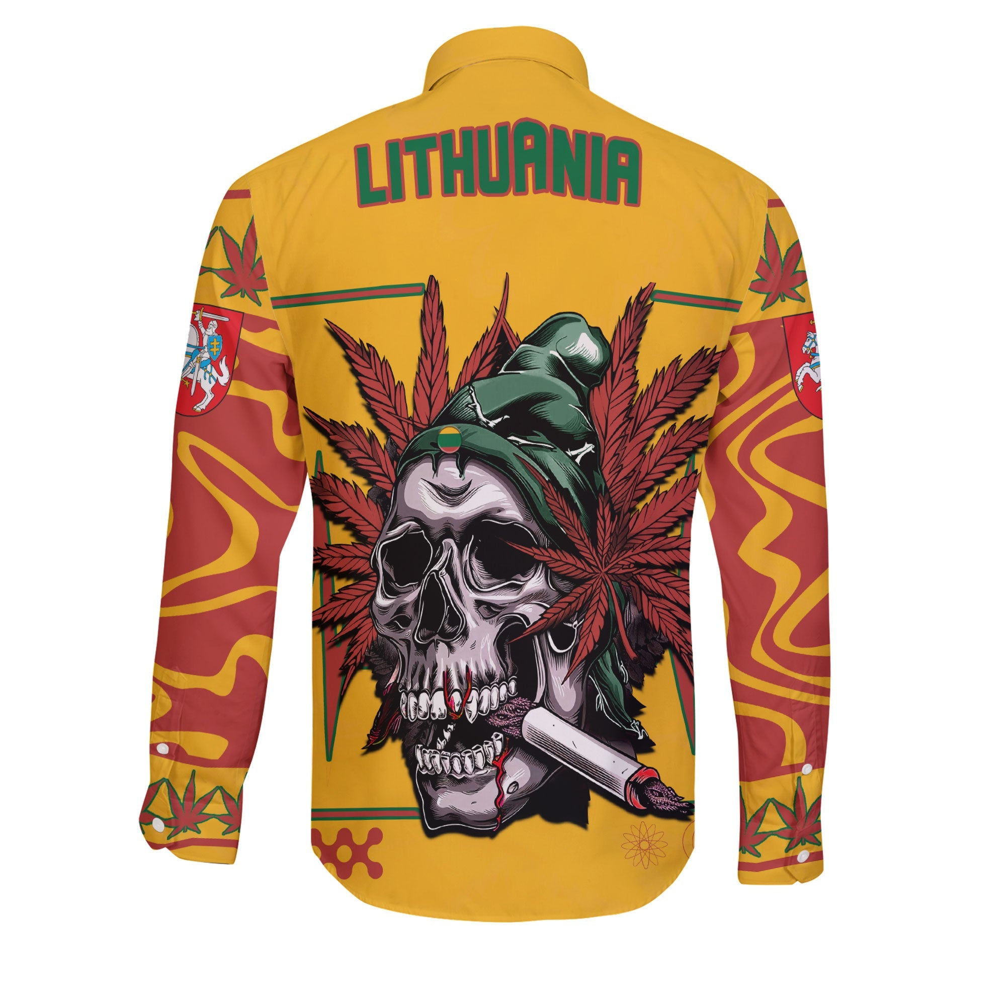 Lithuania Long Sleeve Button Shirt Flag & Coat Of Arms Marijuanas Style