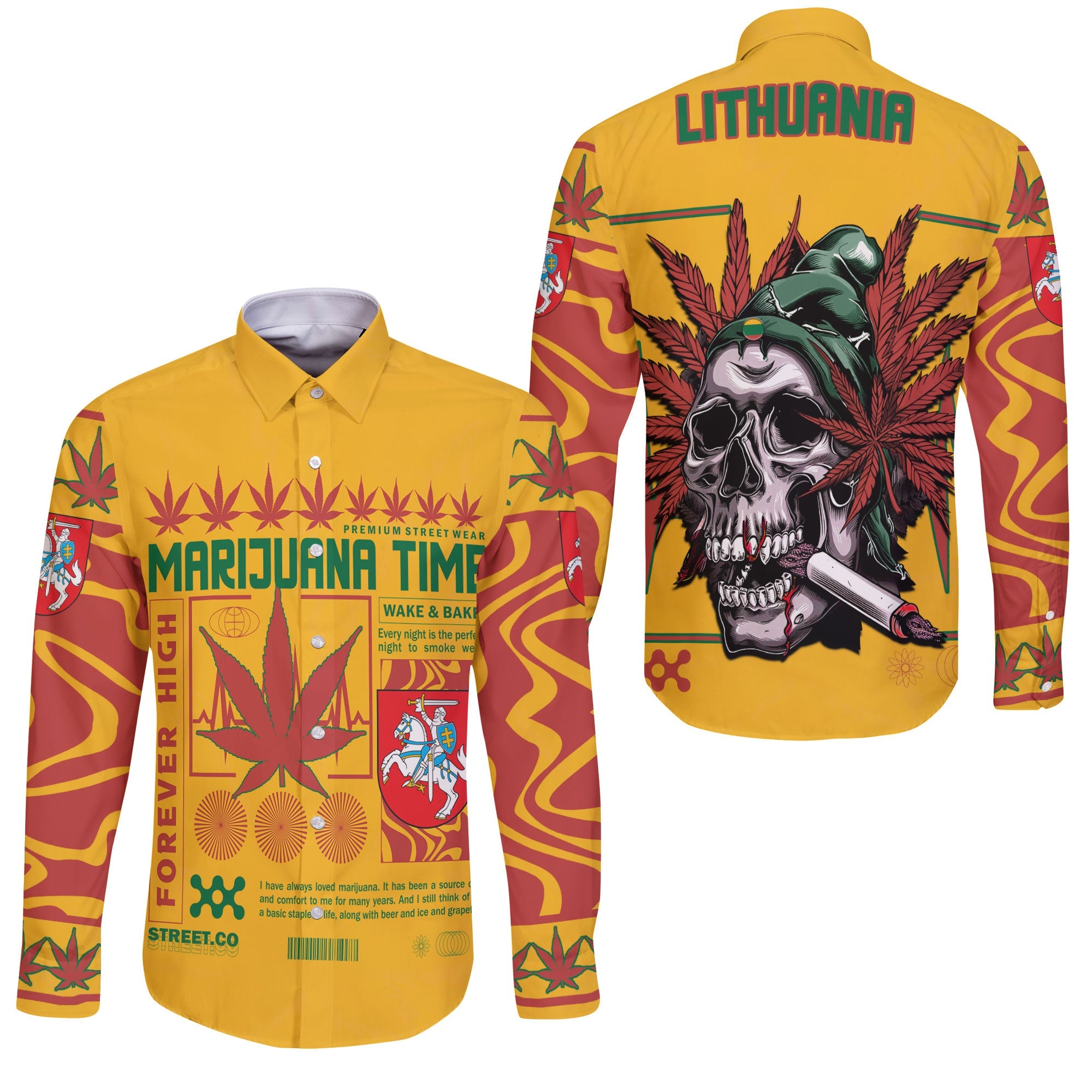 Lithuania Long Sleeve Button Shirt Flag & Coat Of Arms Marijuanas Style