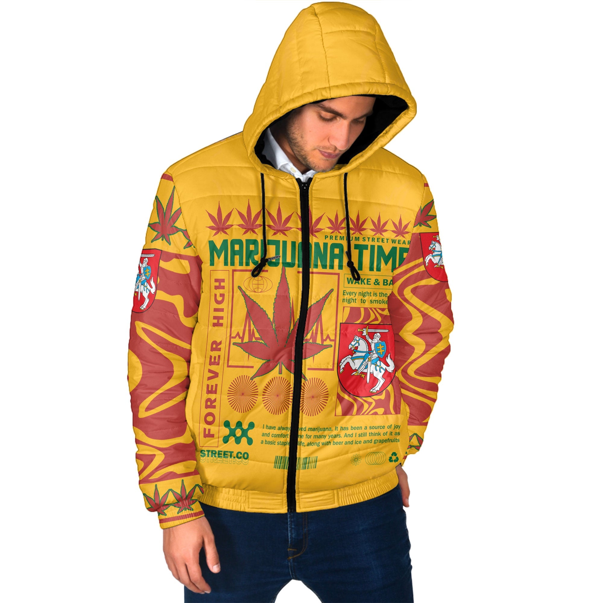 Lithuania Men Hooded Padded Jacket Flag & Coat Of Arms Marijuanas Style