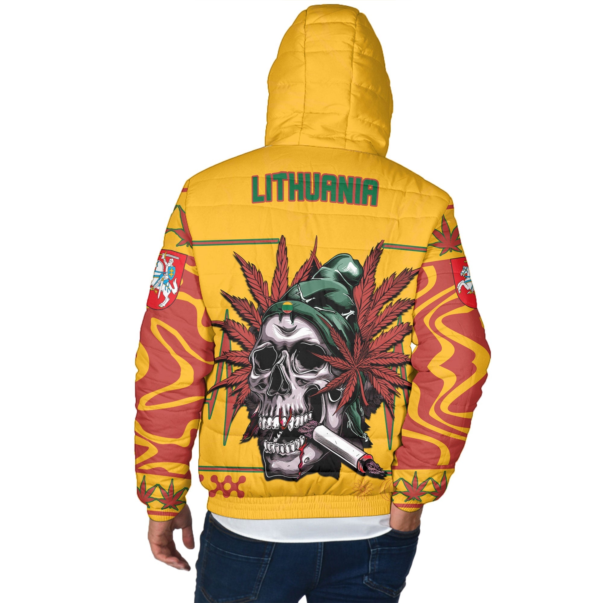 Lithuania Men Hooded Padded Jacket Flag & Coat Of Arms Marijuanas Style