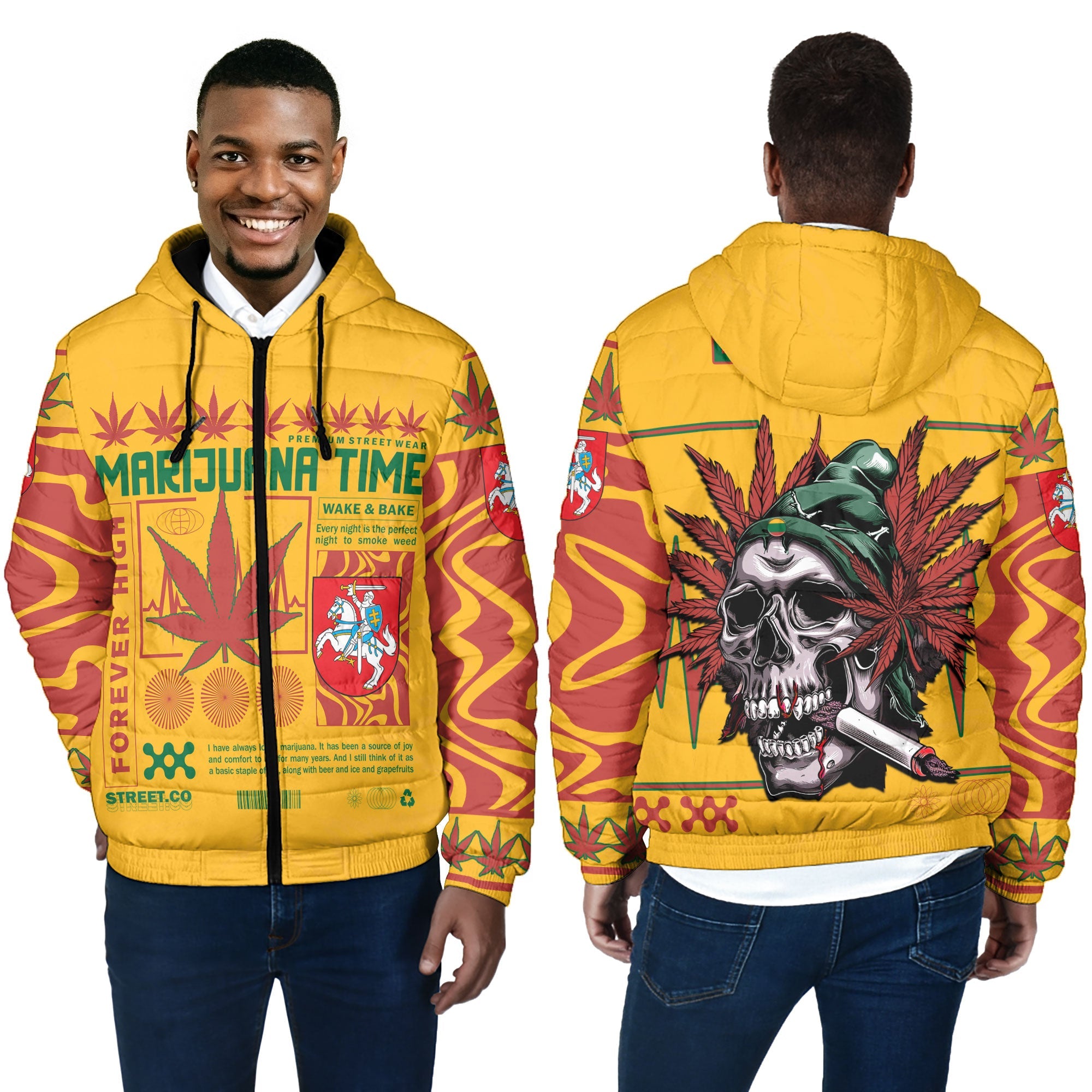 Lithuania Men Hooded Padded Jacket Flag & Coat Of Arms Marijuanas Style