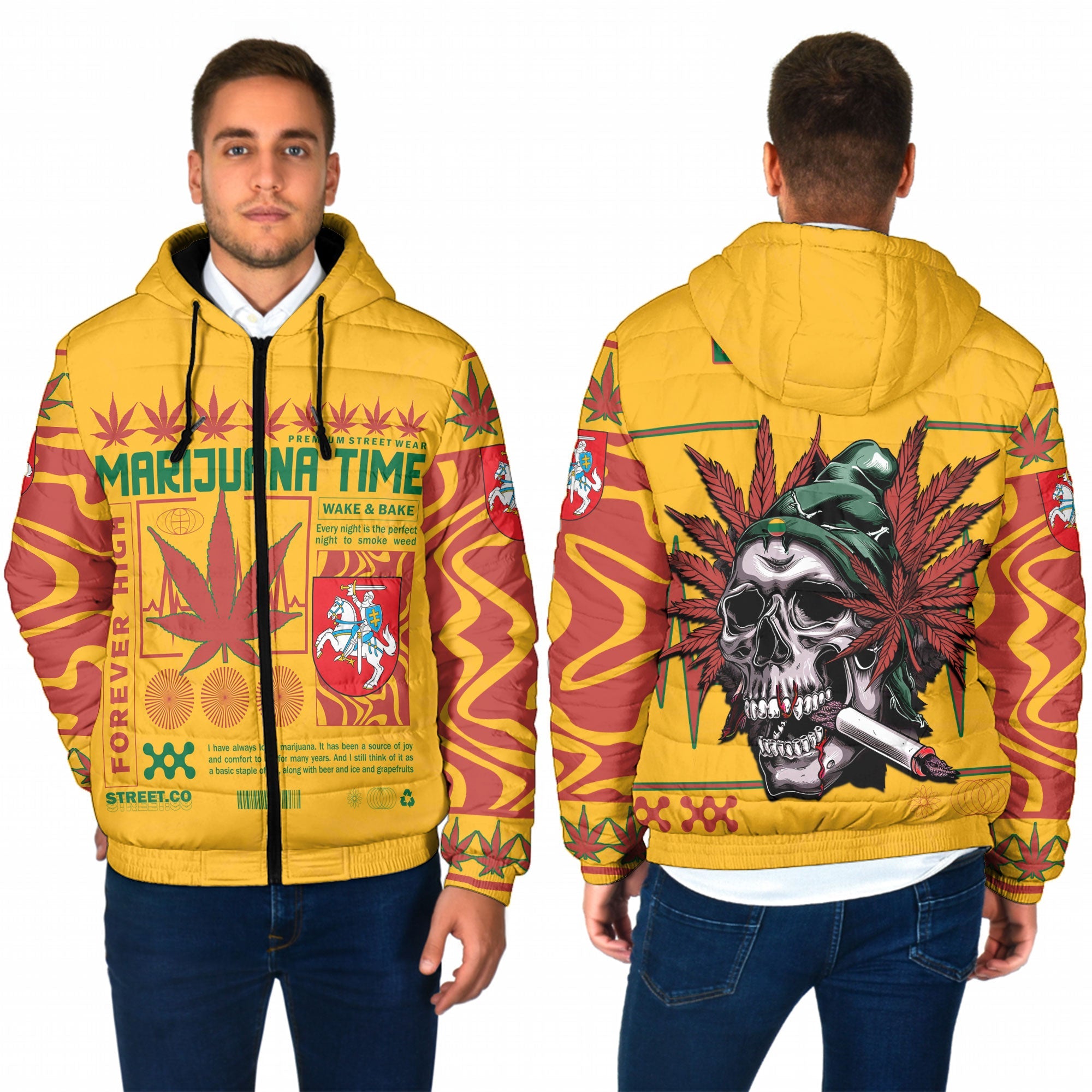 Lithuania Men Hooded Padded Jacket Flag & Coat Of Arms Marijuanas Style