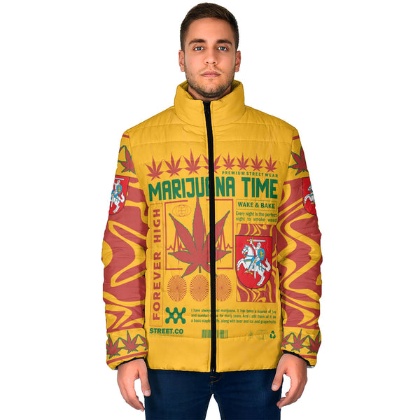 Lithuania Men Padded Jacket Flag & Coat Of Arms Marijuanas Style