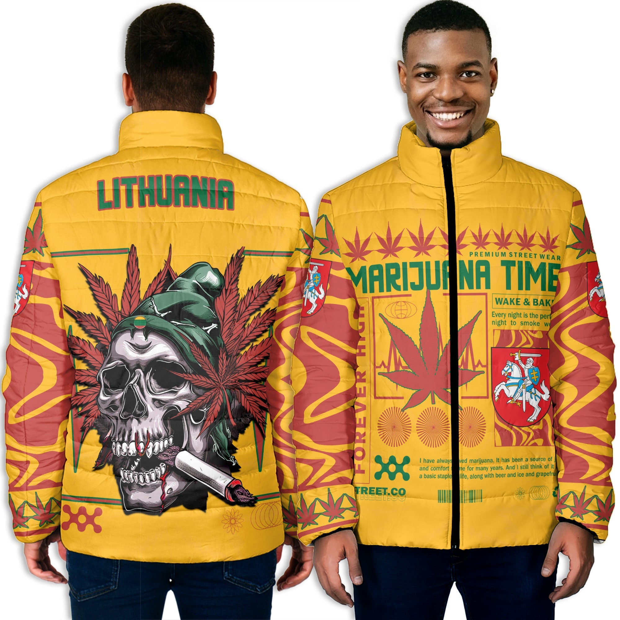 Lithuania Men Padded Jacket Flag & Coat Of Arms Marijuanas Style