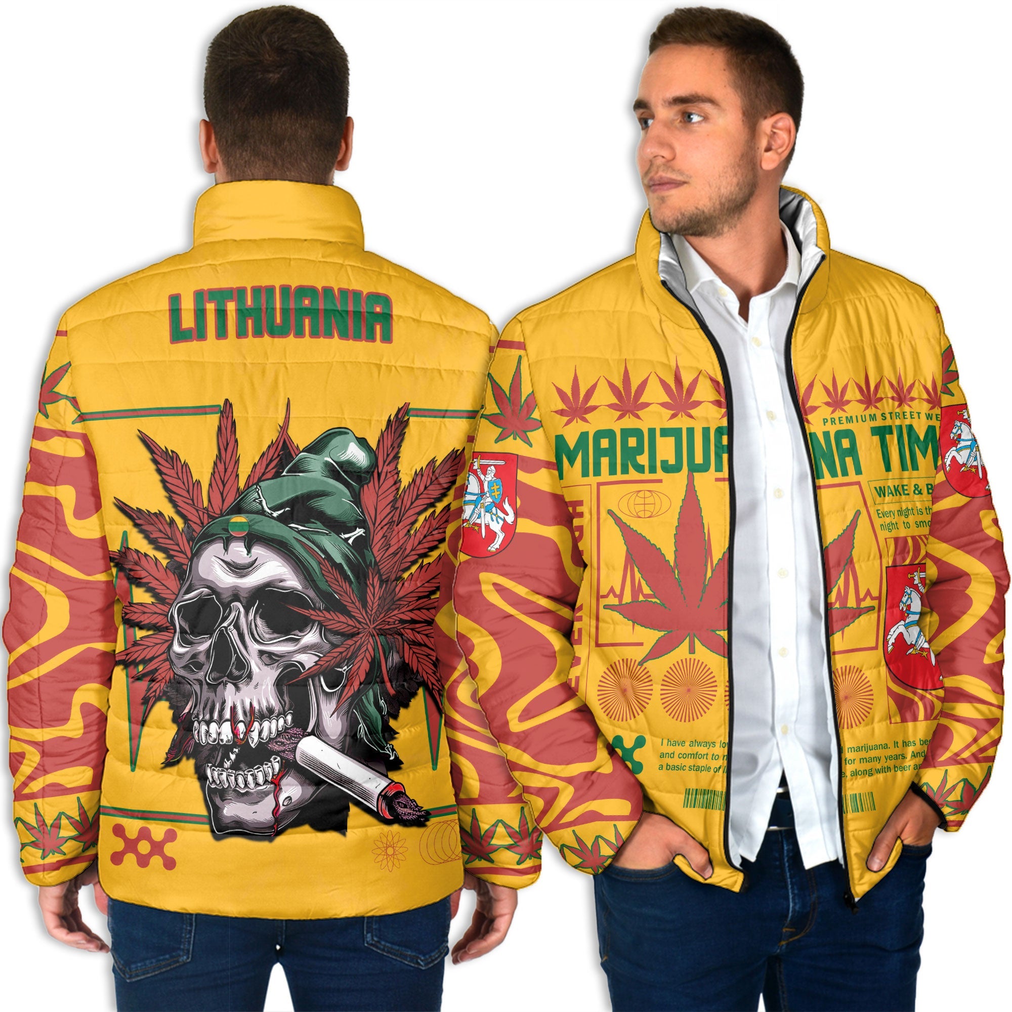 Lithuania Men Padded Jacket Flag & Coat Of Arms Marijuanas Style