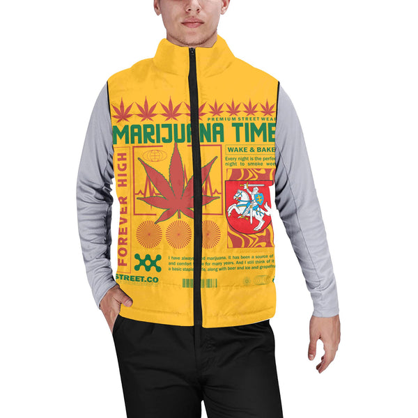 Lithuania Men Padded Jacket Vest Flag & Coat Of Arms Marijuanas Style