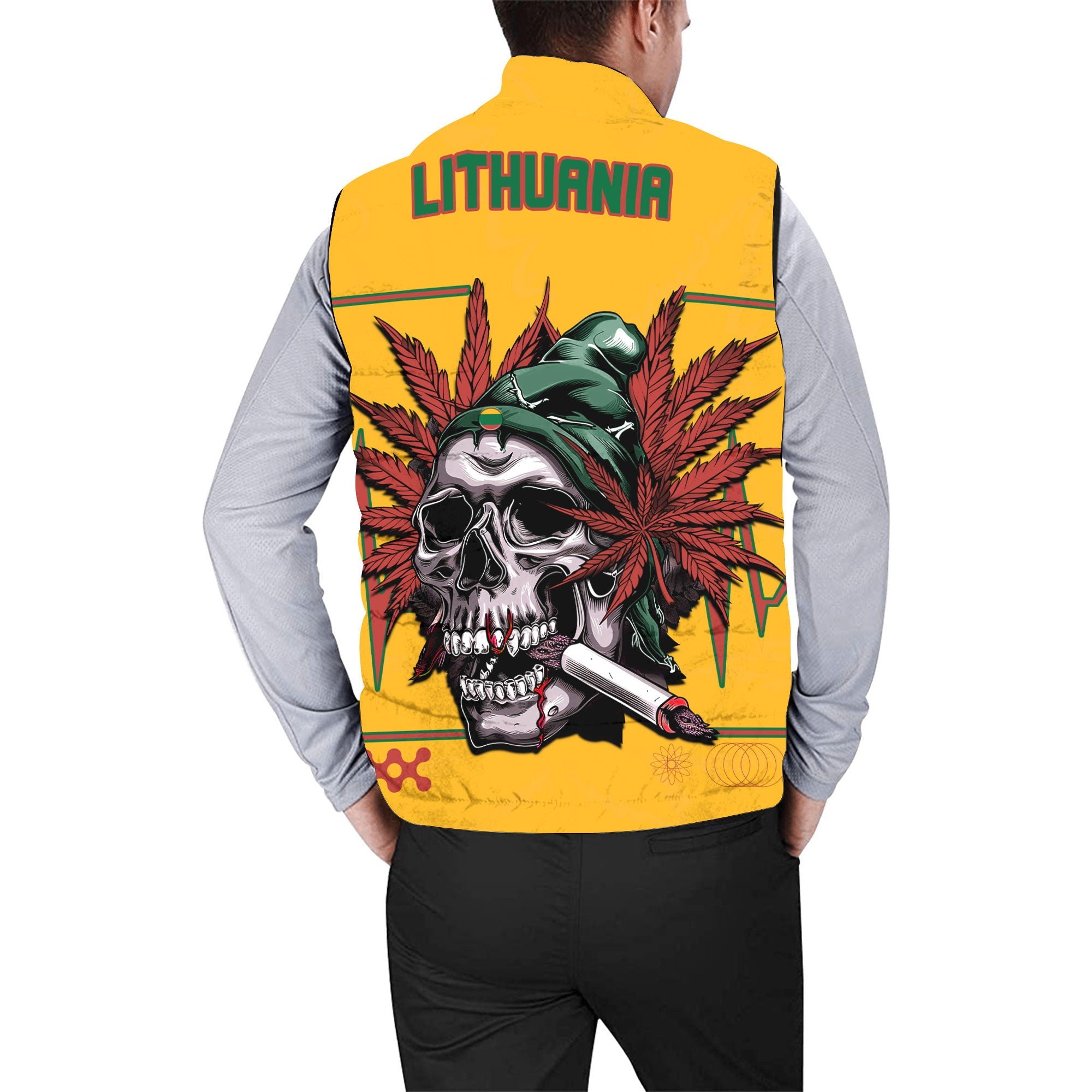 Lithuania Men Padded Jacket Vest Flag & Coat Of Arms Marijuanas Style