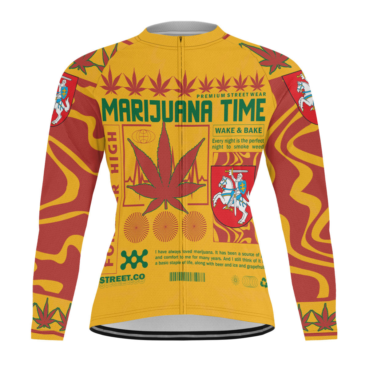 Lithuania Men's Cycling Jersey Long Sleeve Flag & Coat Of Arms Marijuanas Style