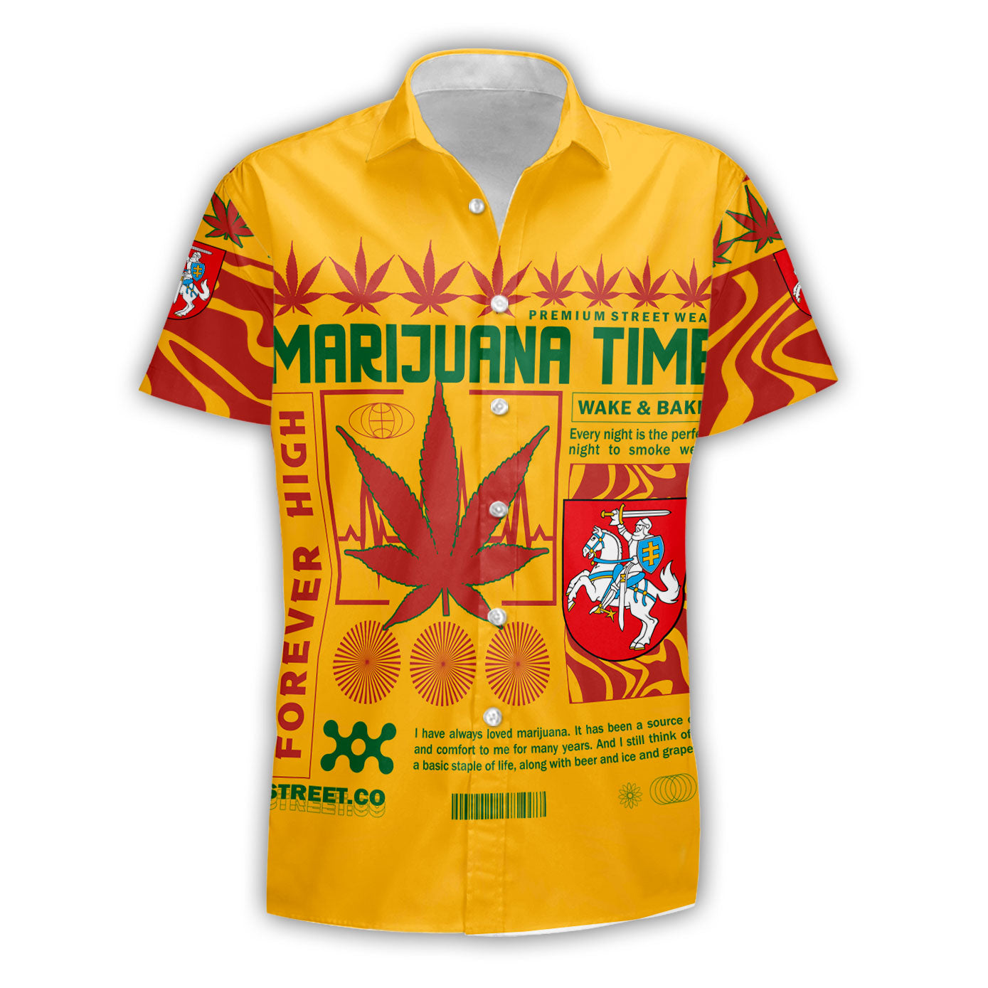 Lithuania Short Sleeve Shirt Flag & Coat Of Arms Marijuanas Style