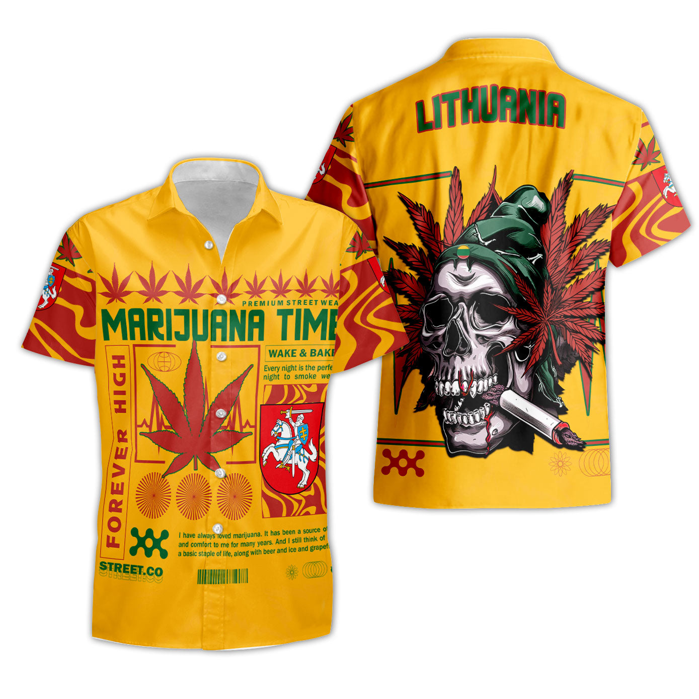 Lithuania Short Sleeve Shirt Flag & Coat Of Arms Marijuanas Style