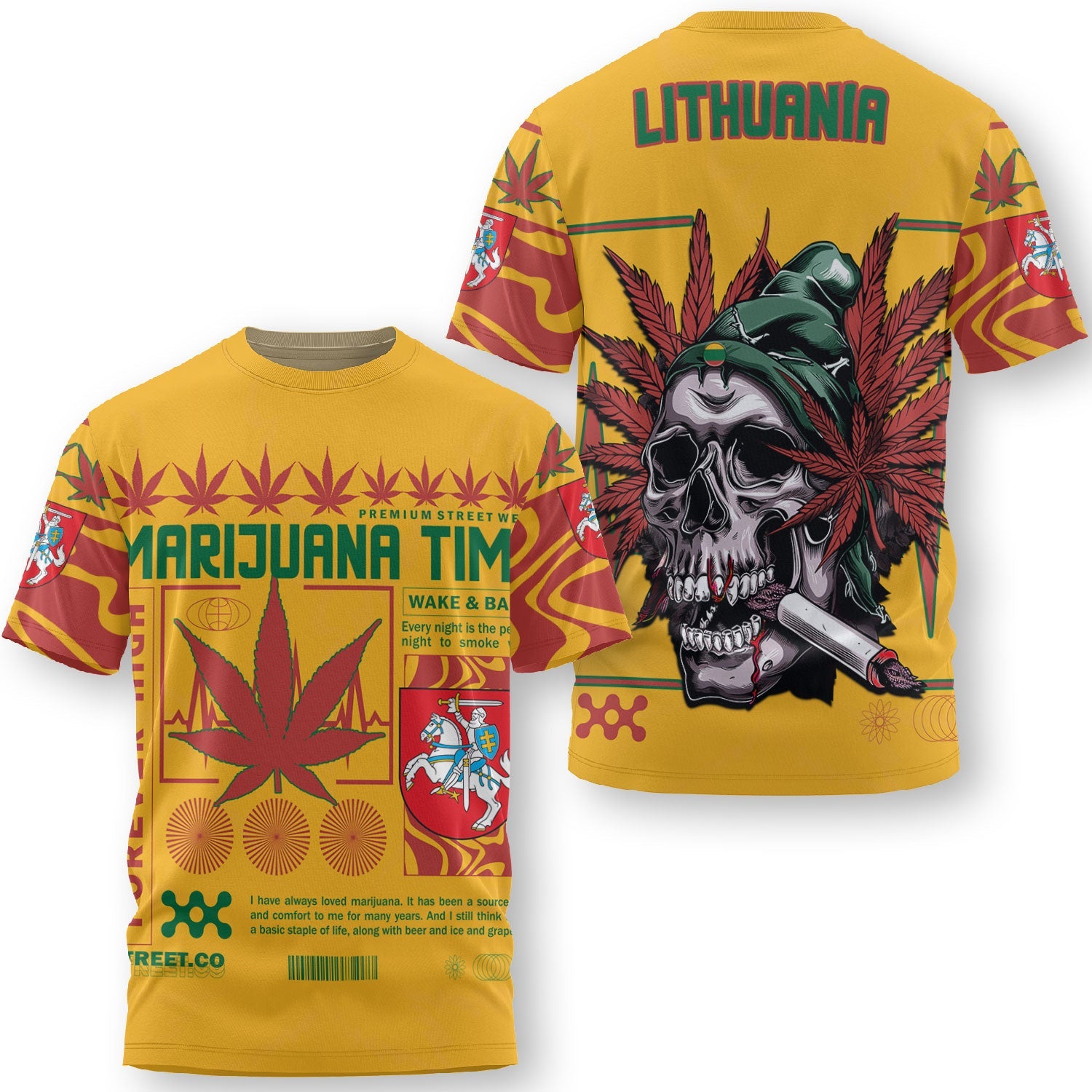 Lithuania T Shirt Flag & Coat Of Arms Marijuanas Style