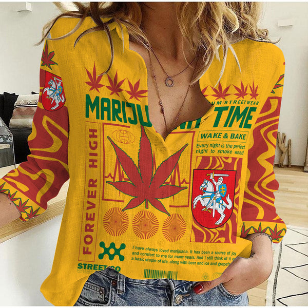 Lithuania Women Casual Shirt Flag & Coat Of Arms Marijuanas Style