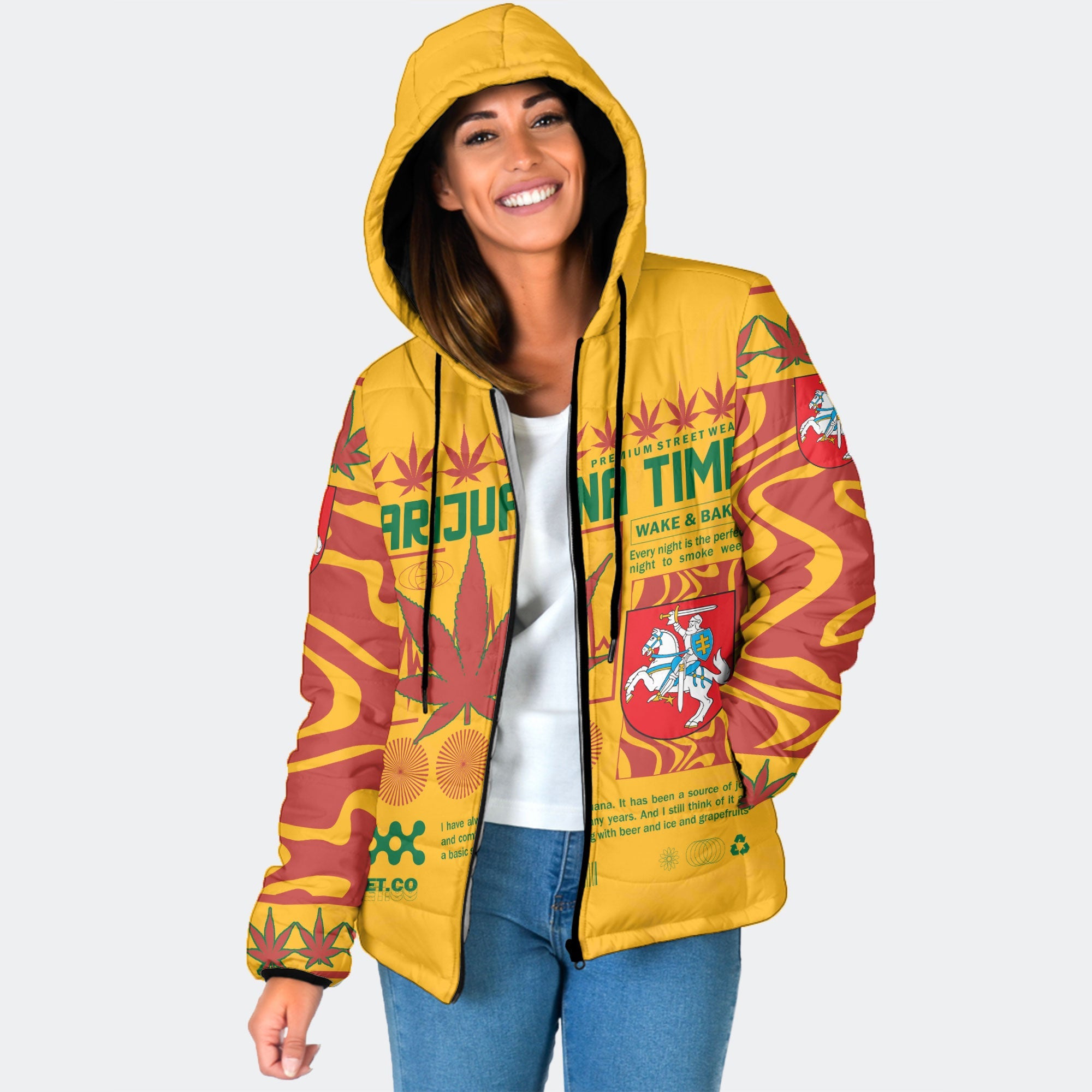 Lithuania Women Hooded Padded Jacket Flag & Coat Of Arms Marijuanas Style