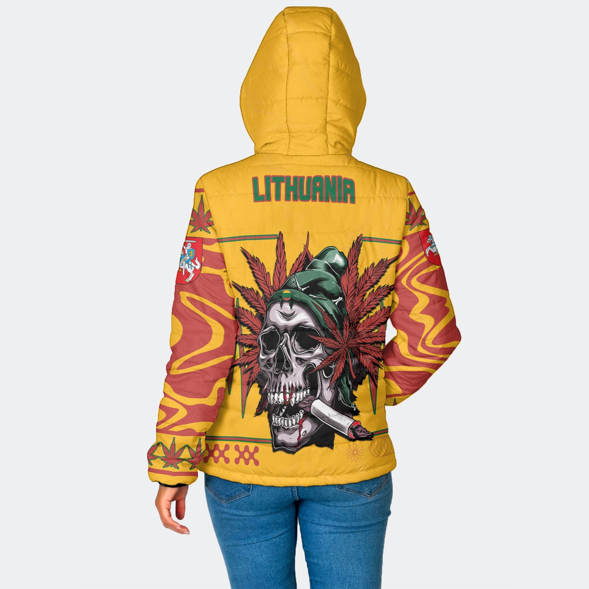 Lithuania Women Hooded Padded Jacket Flag & Coat Of Arms Marijuanas Style