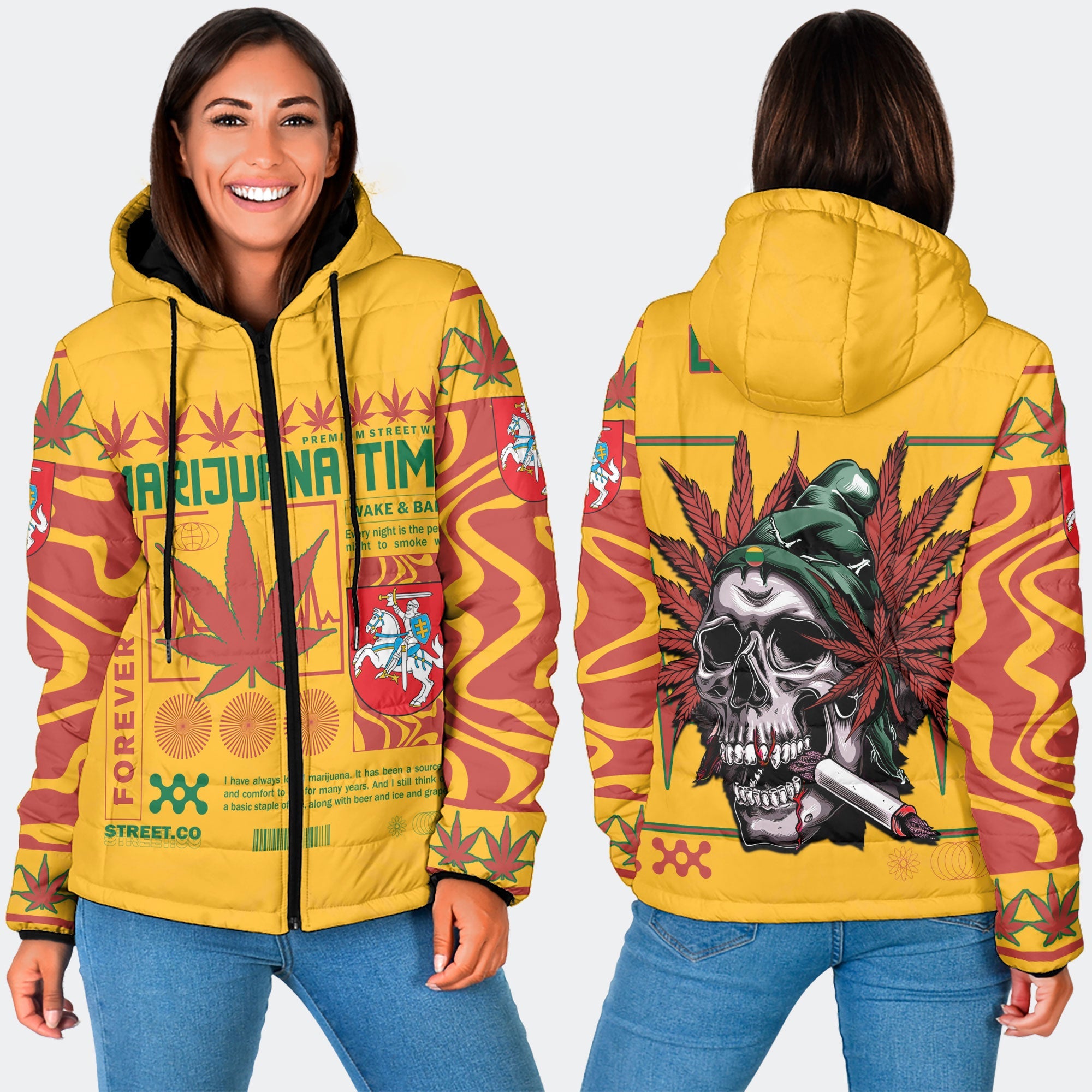 Lithuania Women Hooded Padded Jacket Flag & Coat Of Arms Marijuanas Style