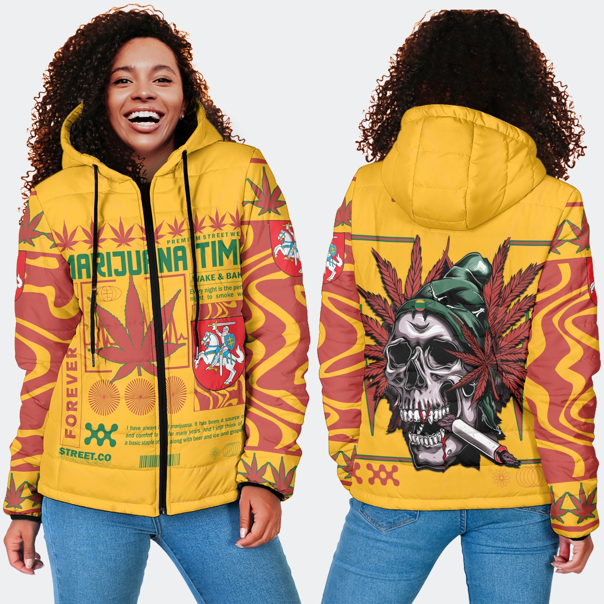 Lithuania Women Hooded Padded Jacket Flag & Coat Of Arms Marijuanas Style