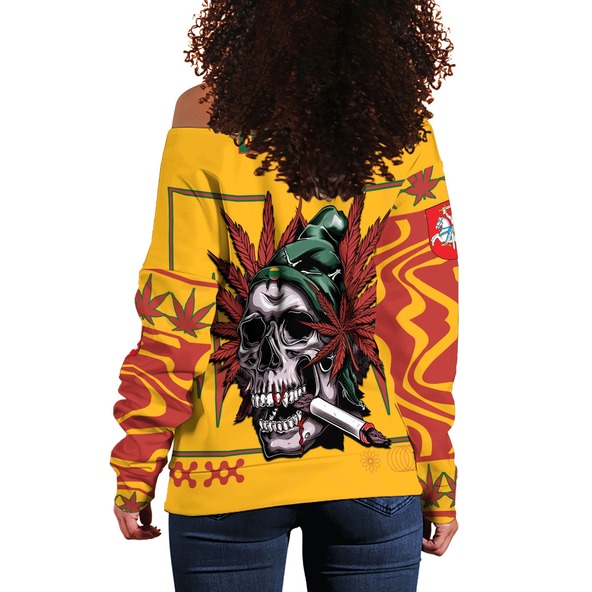 Lithuania Women Off Shoulder Sweatshirt Flag & Coat Of Arms Marijuanas Style