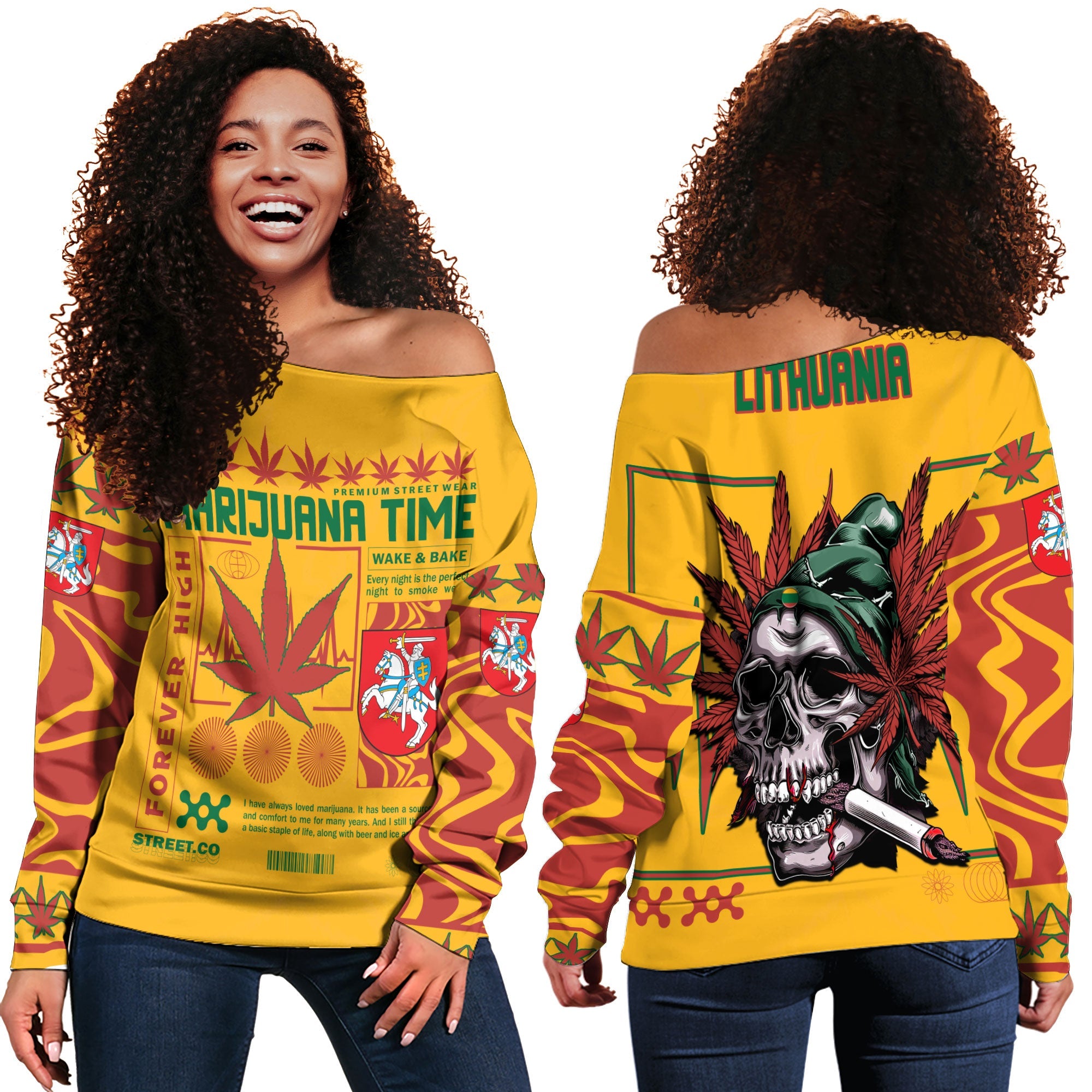 Lithuania Women Off Shoulder Sweatshirt Flag & Coat Of Arms Marijuanas Style